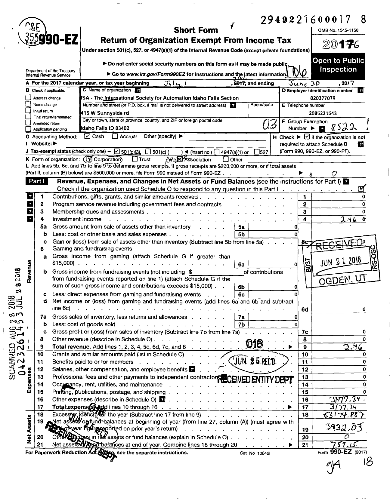 Image of first page of 2016 Form 990EZ for International Society of Automation / Idaho Falls Section