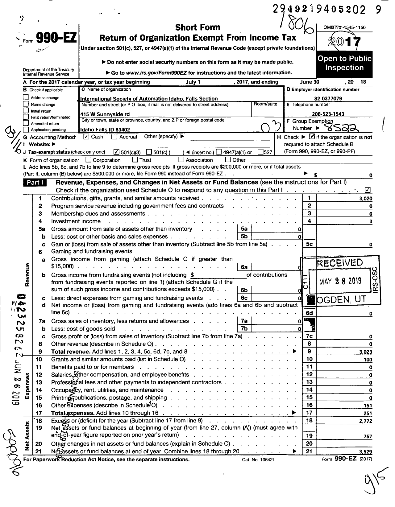 Image of first page of 2017 Form 990EZ for International Society of Automation / Idaho Falls Section