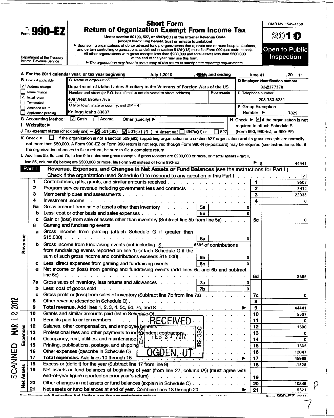 Image of first page of 2010 Form 990EO for VFW Auxiliary Department of Idaho