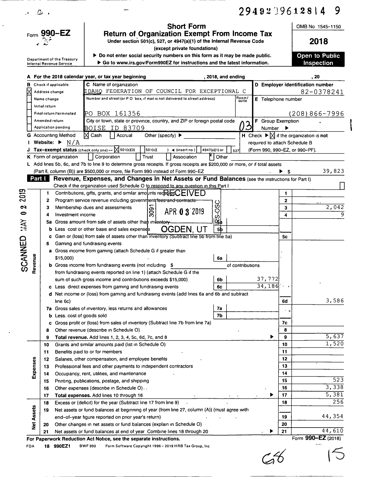 Image of first page of 2018 Form 990EZ for Idaho Council for Exceptional Children