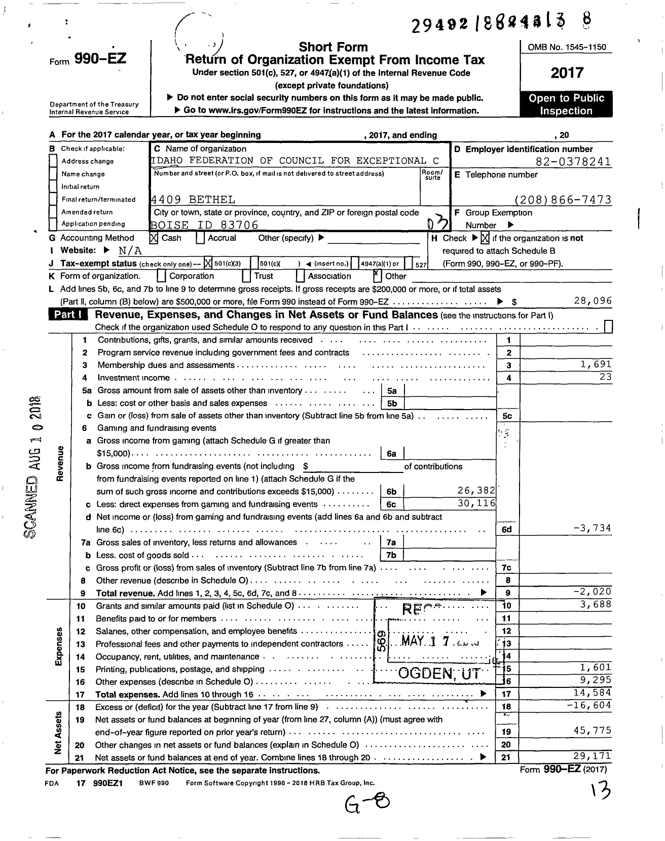 Image of first page of 2017 Form 990EZ for Idaho Council for Exceptional Children