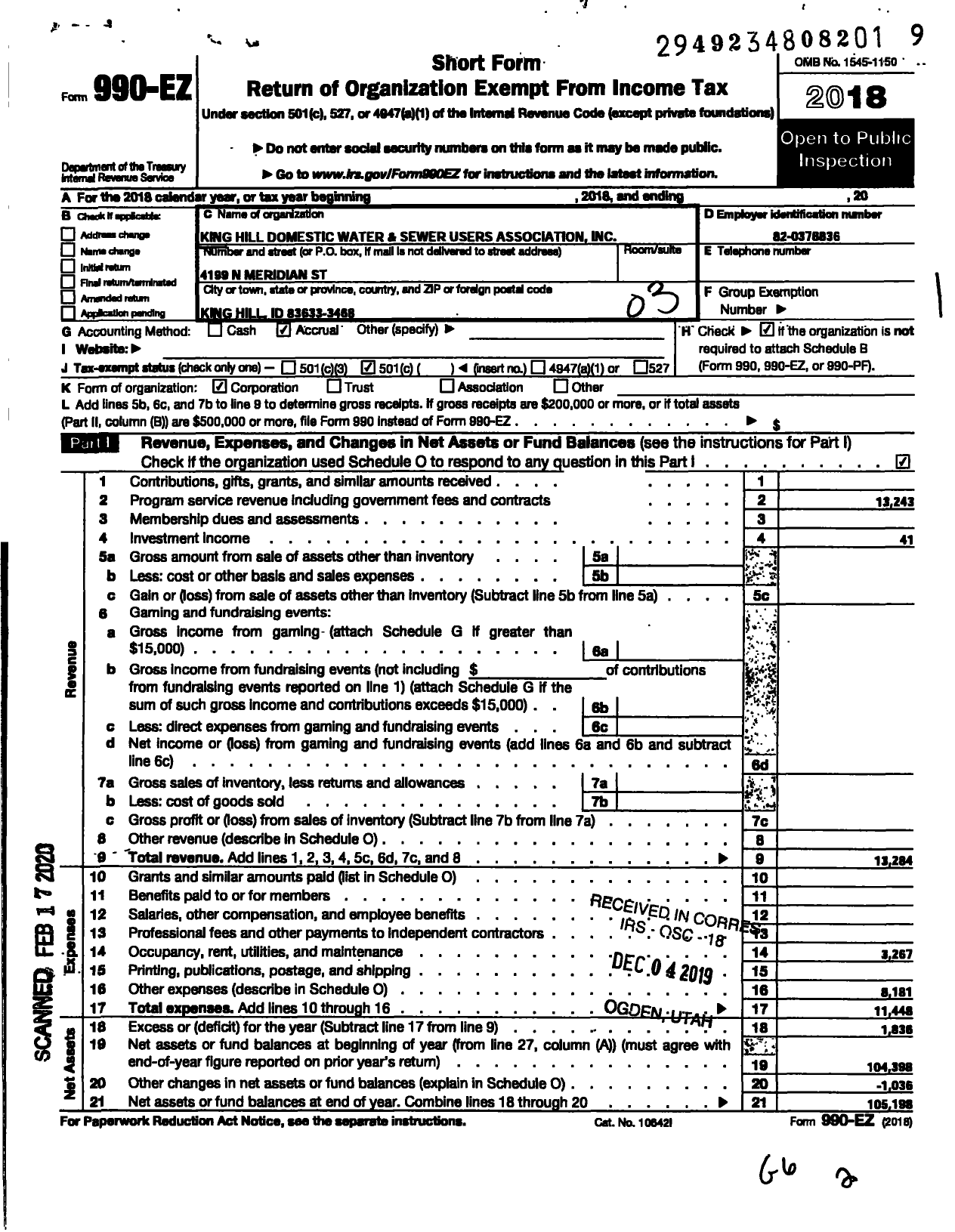 Image of first page of 2018 Form 990EZ for King Hill Domestic Water and Sewer Users Association