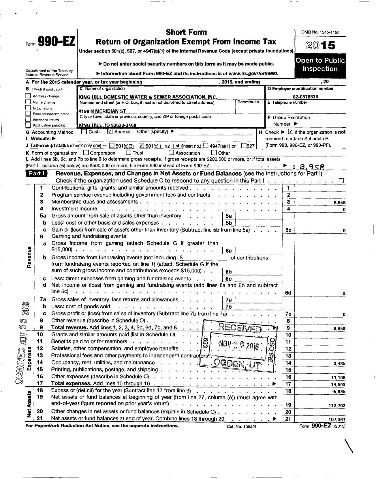 Image of first page of 2015 Form 990EO for King Hill Domestic Water and Sewer Users Association