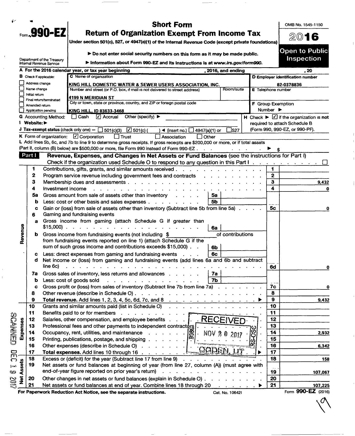 Image of first page of 2016 Form 990EO for King Hill Domestic Water and Sewer Users Association