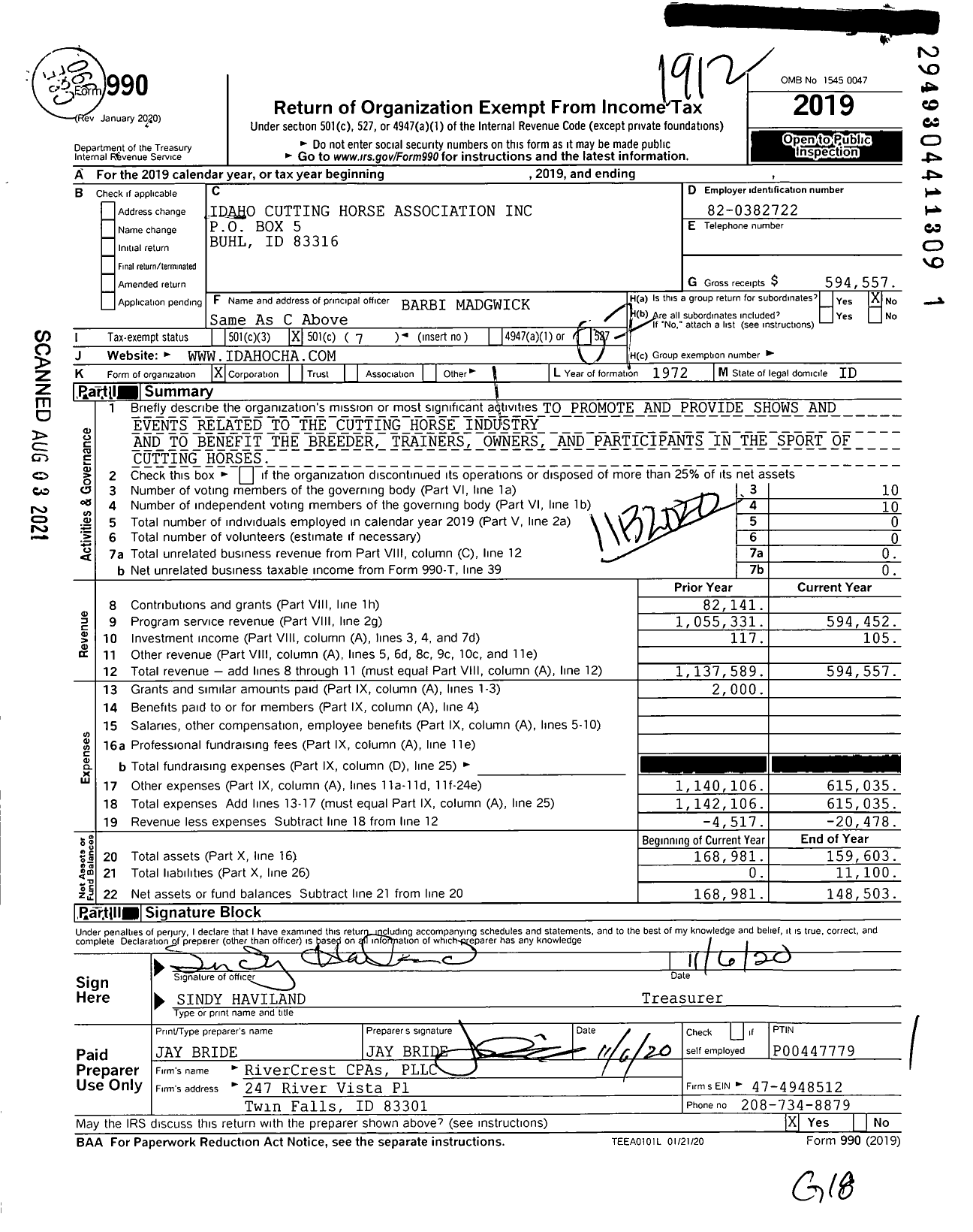 Image of first page of 2019 Form 990O for Idaho Cutting Horse Association
