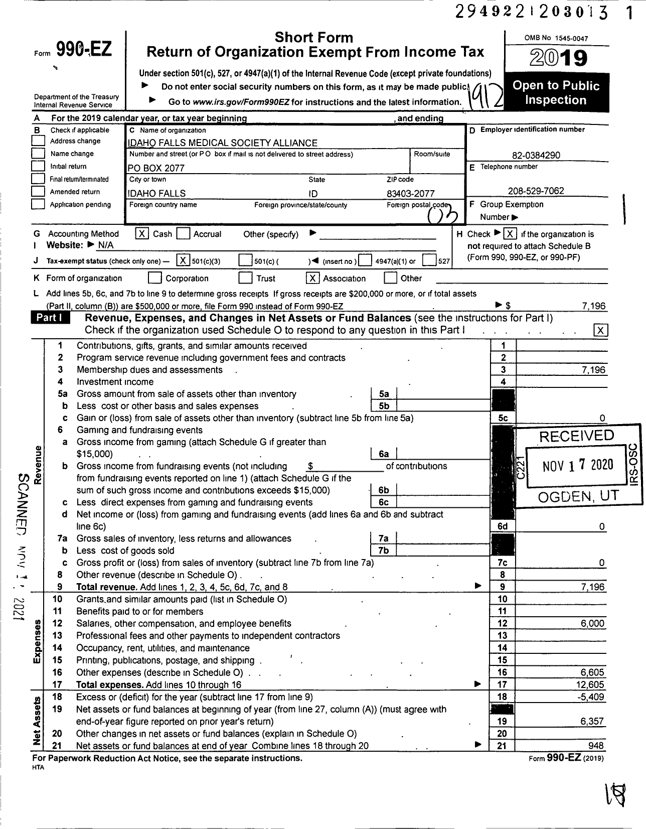 Image of first page of 2019 Form 990EZ for Idaho Falls Medical Society Alliance