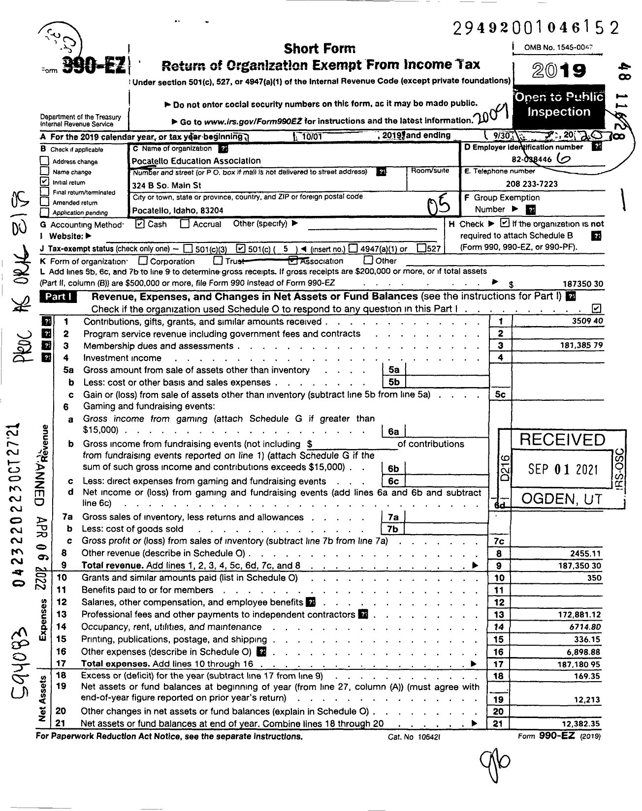 Image of first page of 2019 Form 990EO for Pocatello Education Association