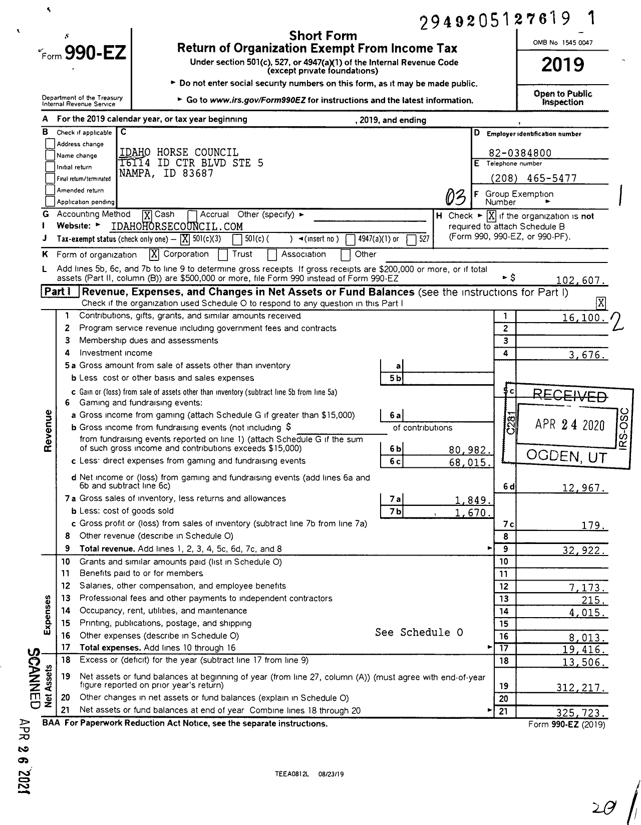 Image of first page of 2019 Form 990EZ for Idaho Horse Council