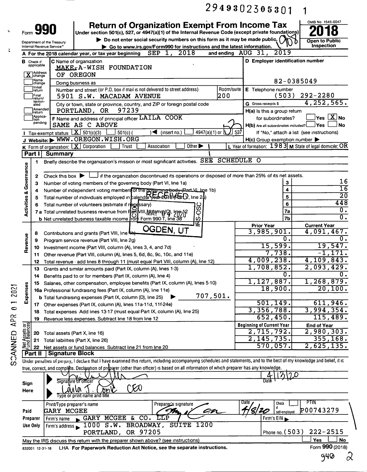 Image of first page of 2018 Form 990 for Make A Wish Foundation of Oregon