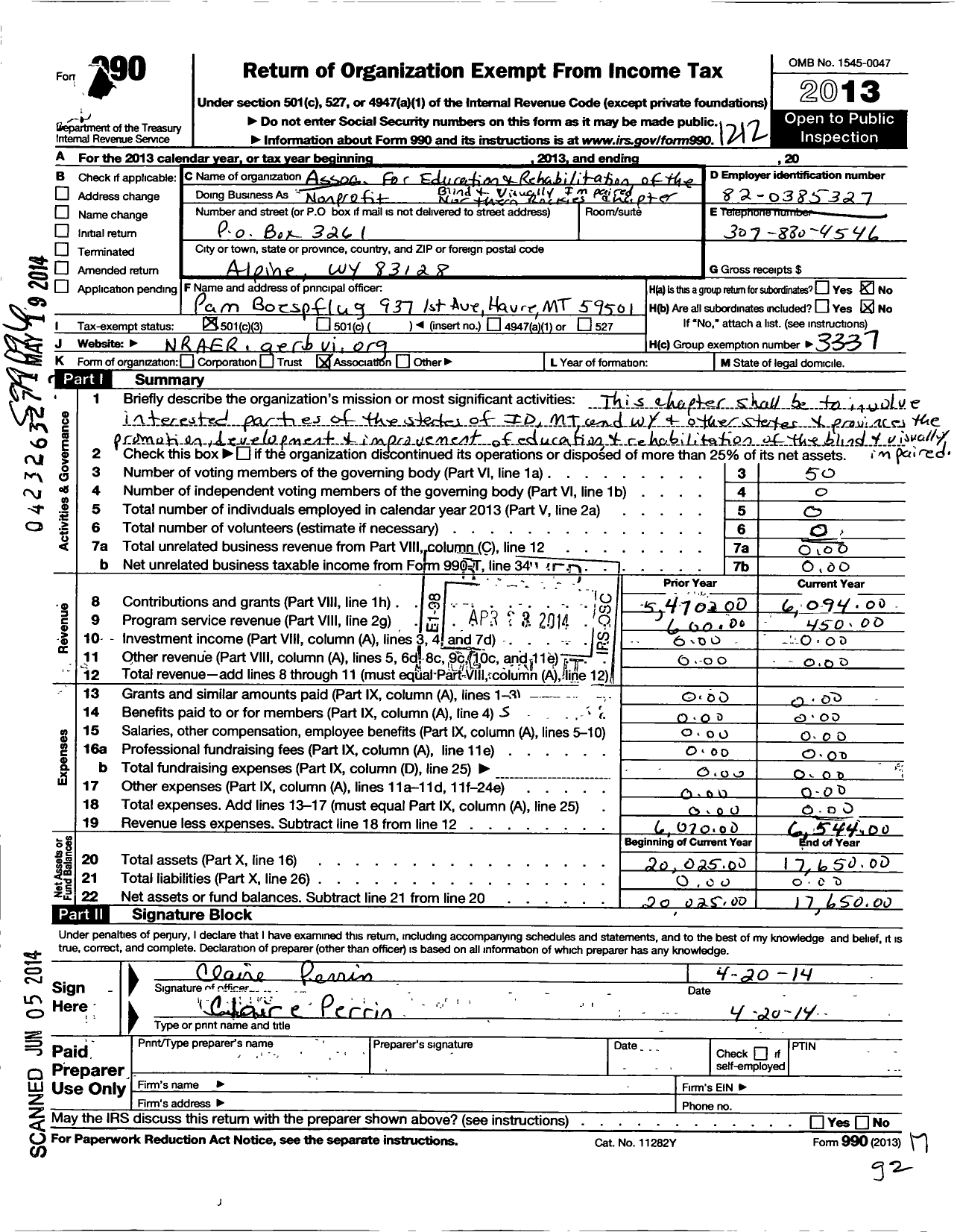 Image of first page of 2012 Form 990 for Association for Education and Rehbltatn of the Blind and Visually Impaired / Northern Rockies Chapter