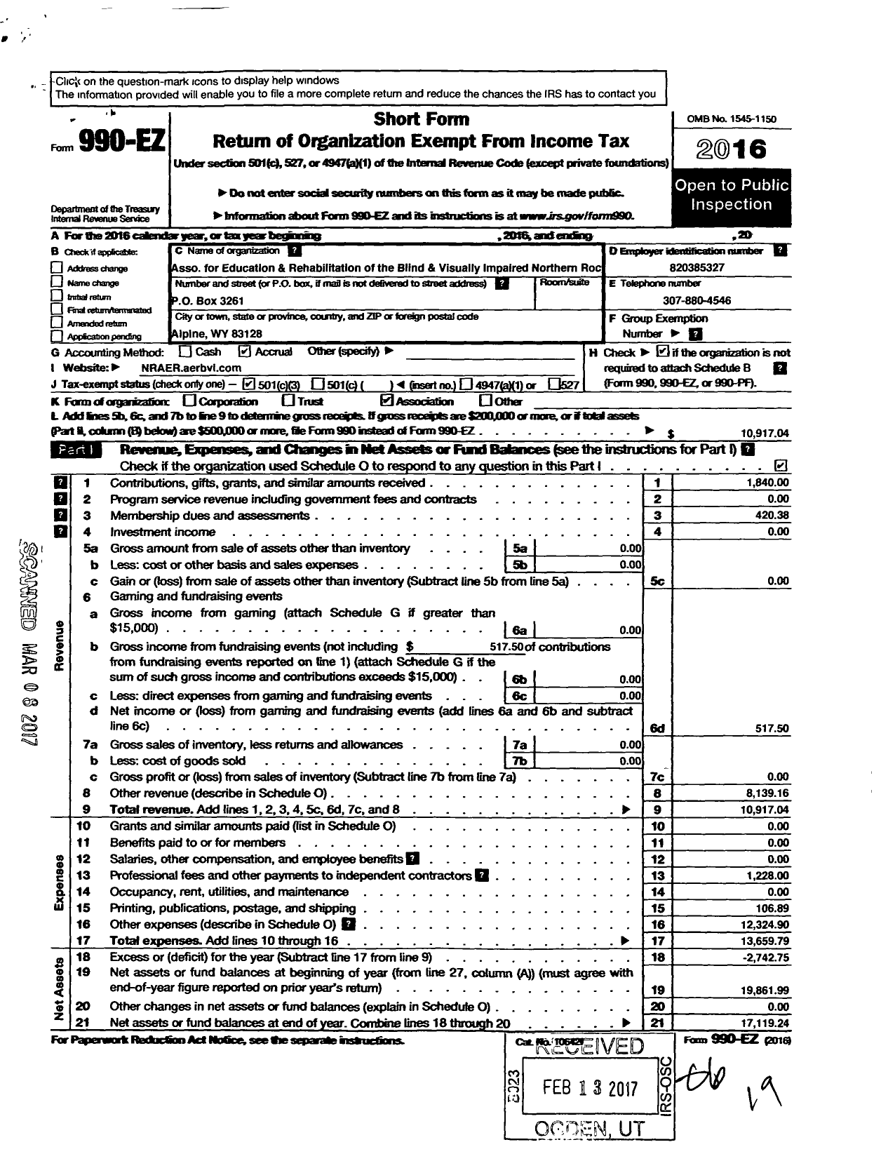 Image of first page of 2016 Form 990EZ for Association for Education and Rehbltatn of the Blind and Visually Impaired / Northern Rockies Chapter