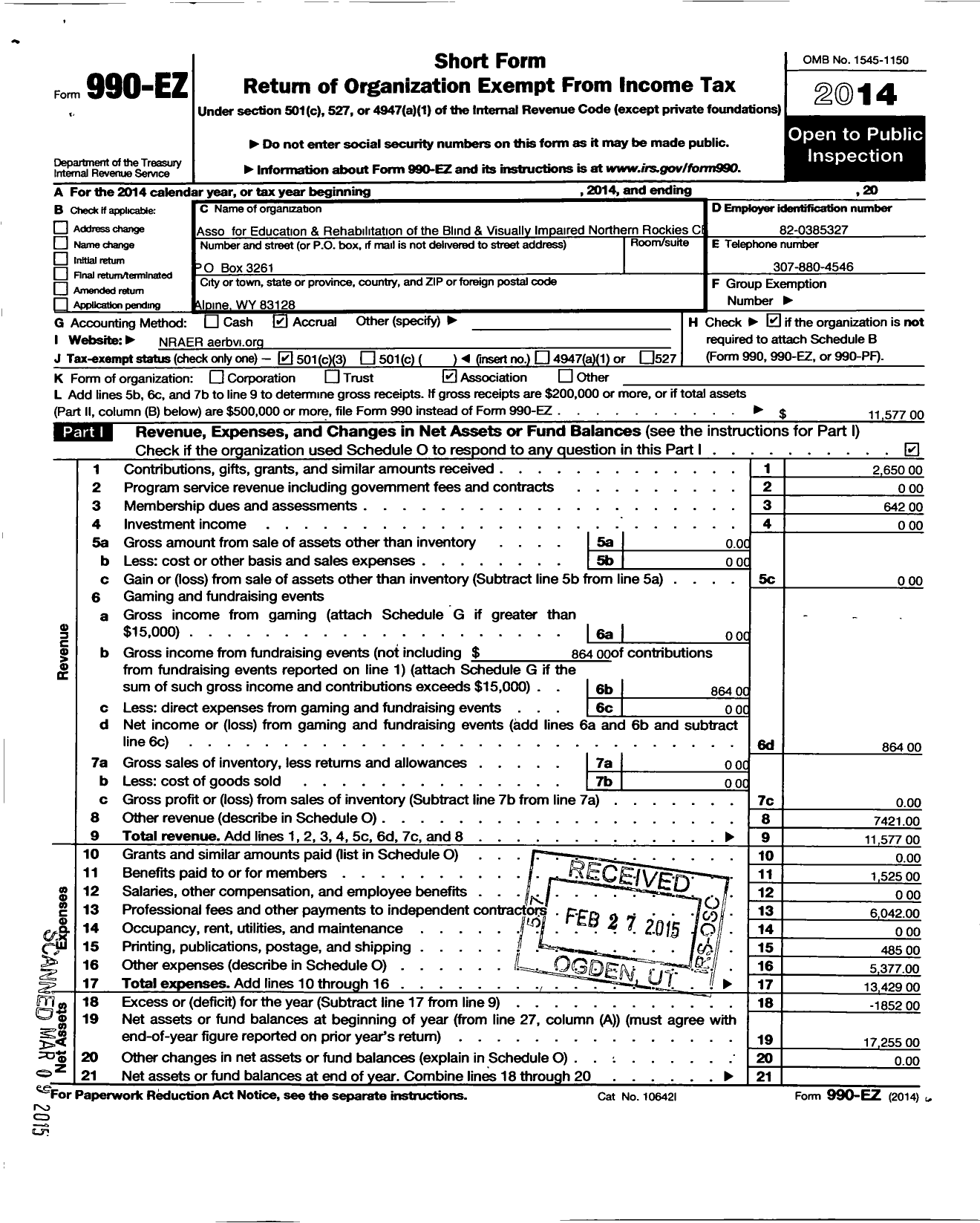 Image of first page of 2014 Form 990EZ for Association for Education and Rehbltatn of the Blind and Visually Impaired / Northern Rockies Chapter