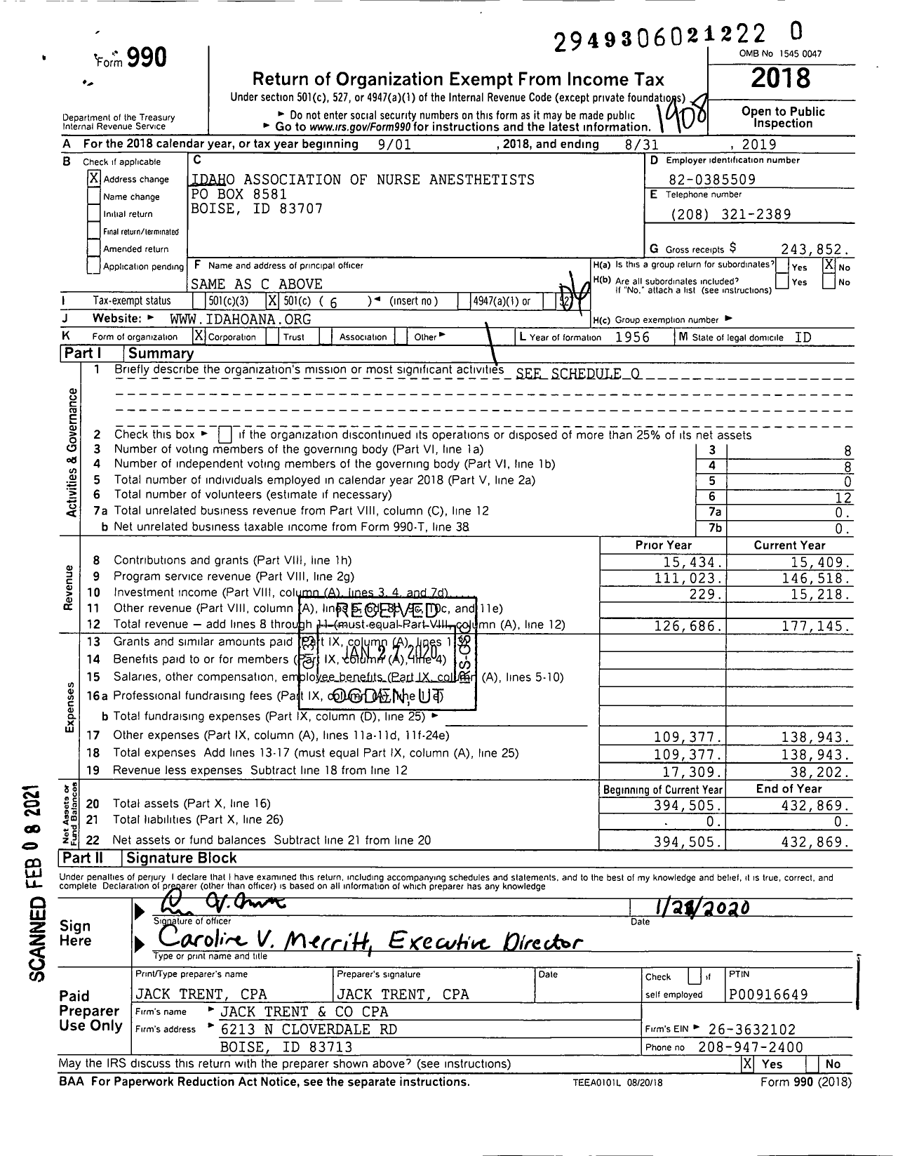 Image of first page of 2018 Form 990O for Idaho Association of Nurse Anesthetists