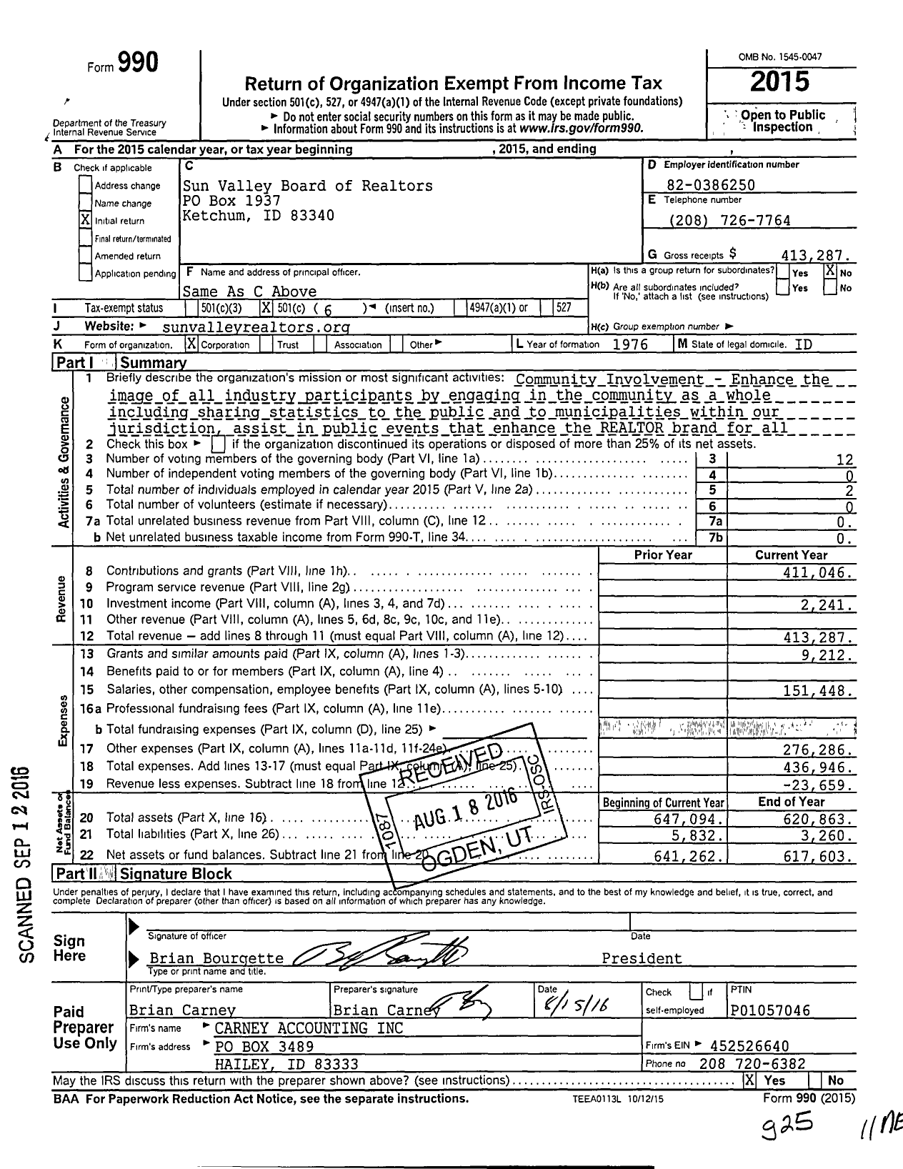 Image of first page of 2015 Form 990O for Sun Valley Board of Realtors