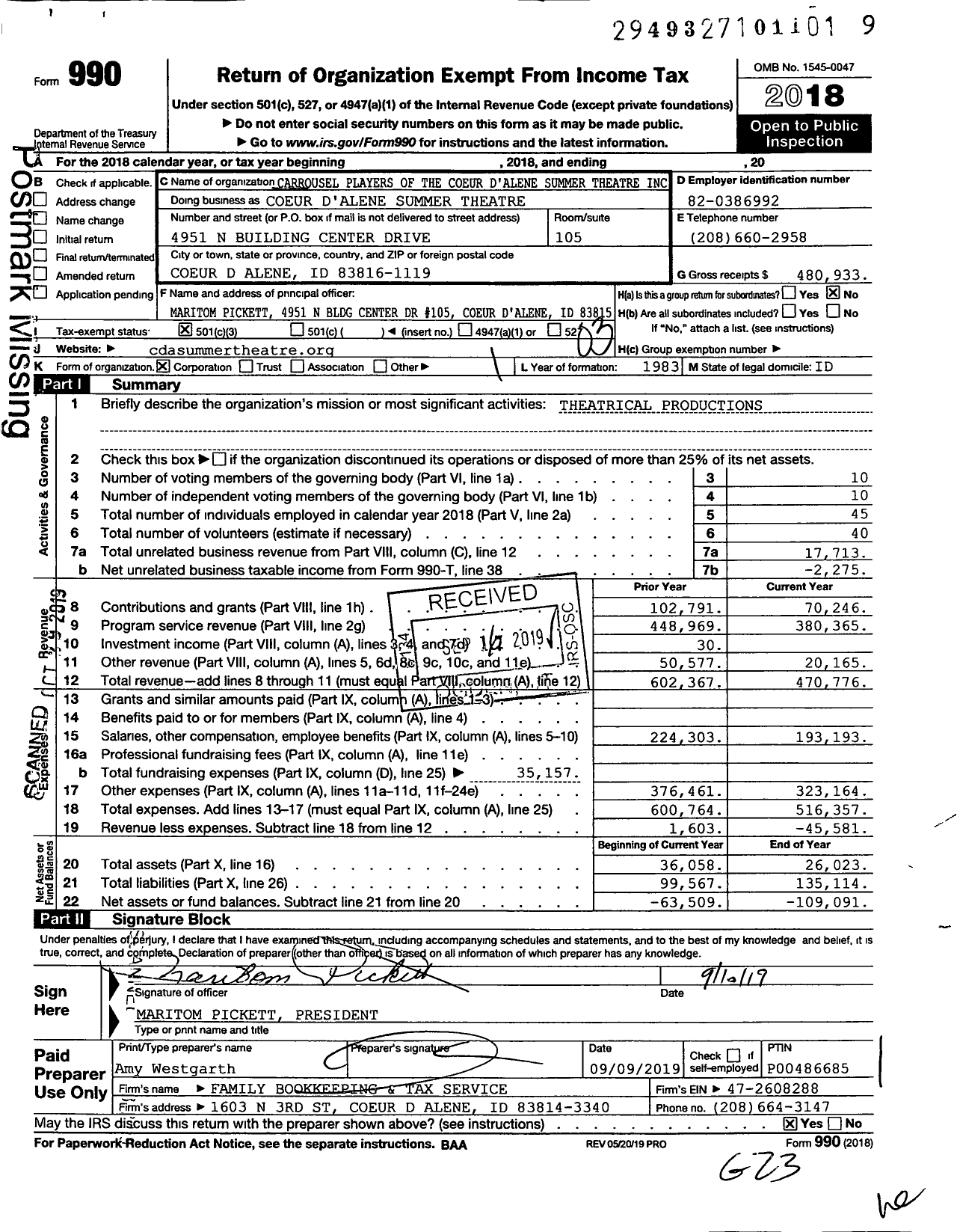 Image of first page of 2018 Form 990 for Coeur D'alene Summer Theatre