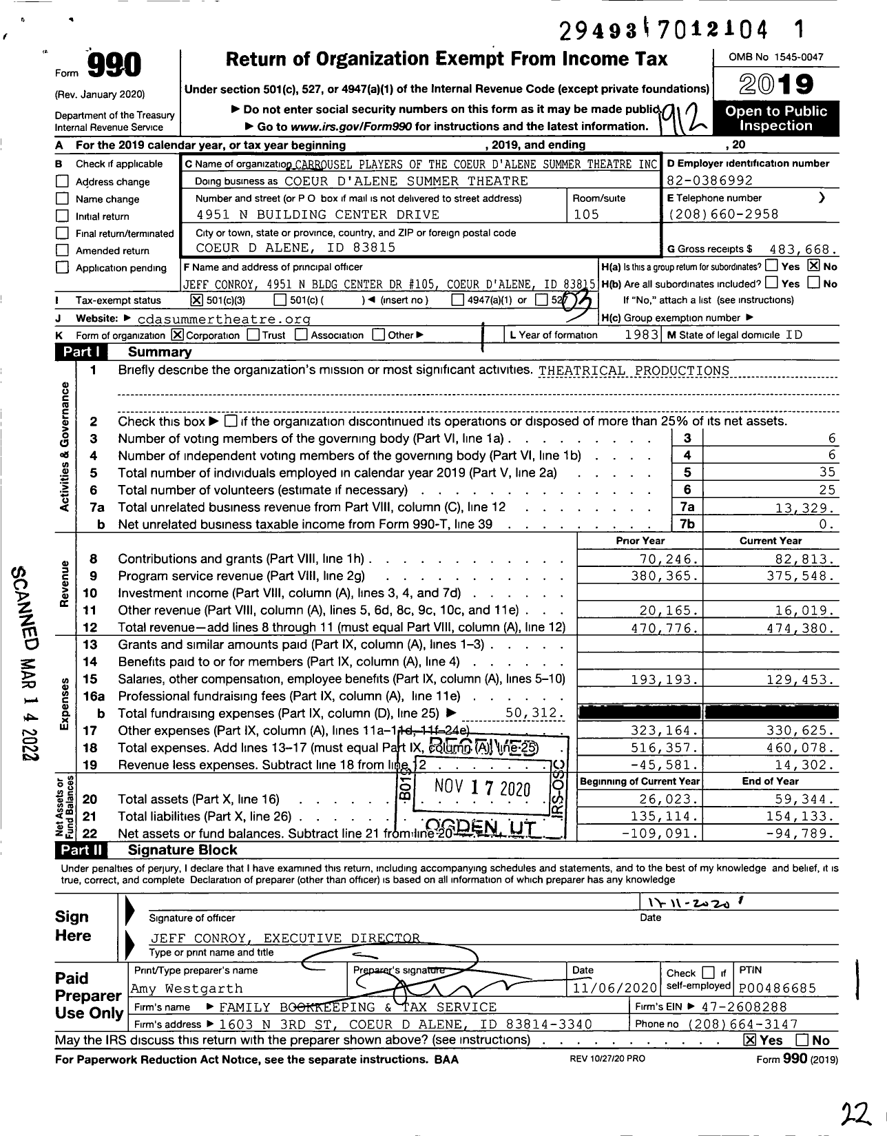 Image of first page of 2019 Form 990 for Coeur D'alene Summer Theatre