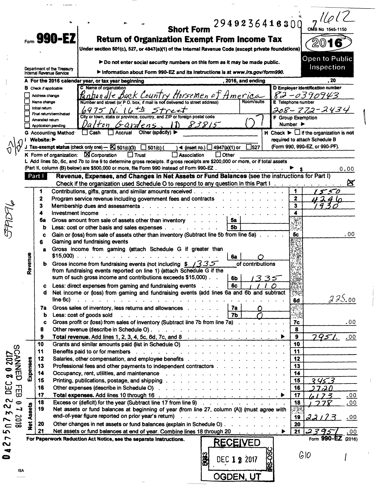 Image of first page of 2016 Form 990EO for Panhandle Back Country Horsemen of America Incorporated