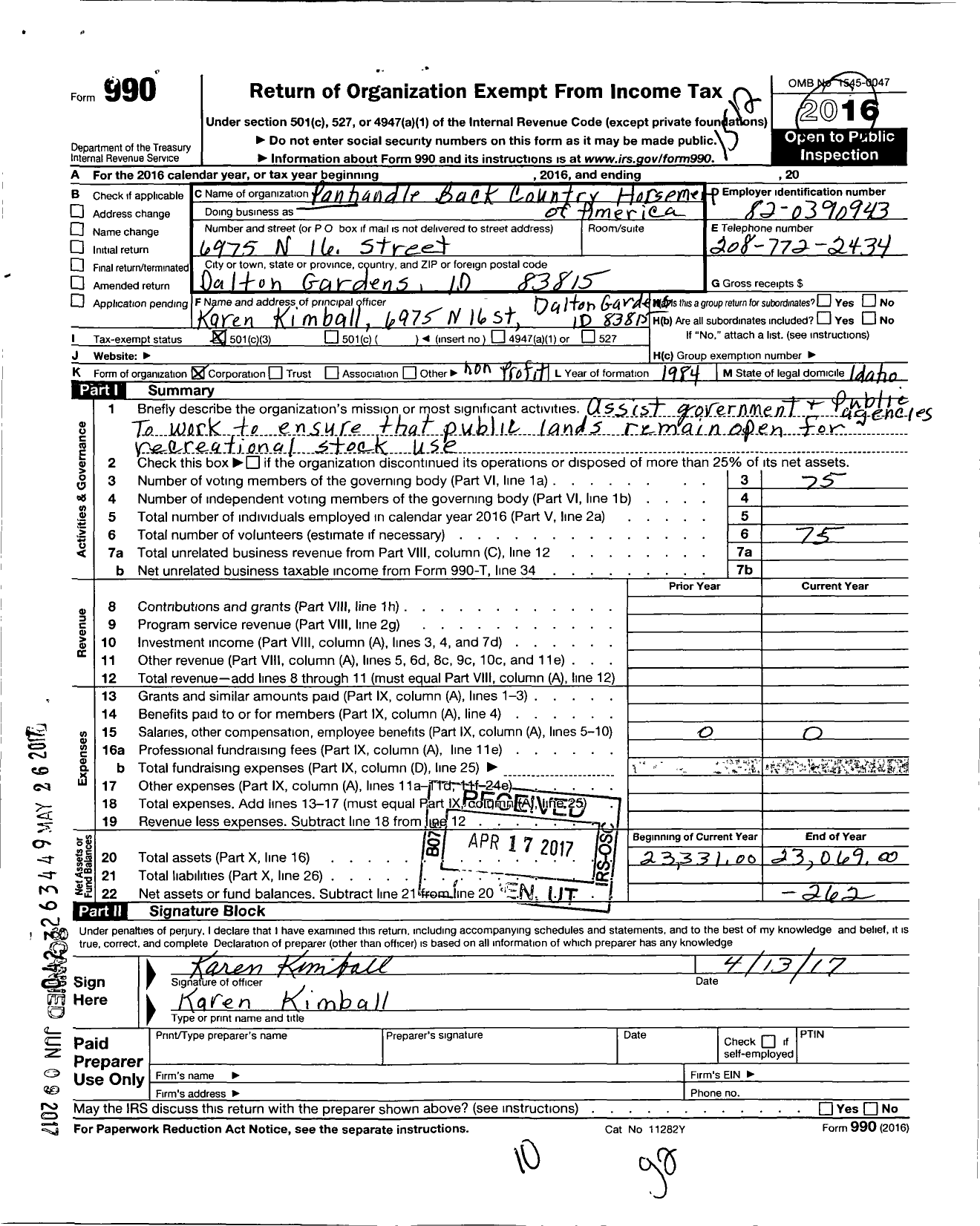 Image of first page of 2015 Form 990 for Panhandle Back Country Horsemen of America Incorporated