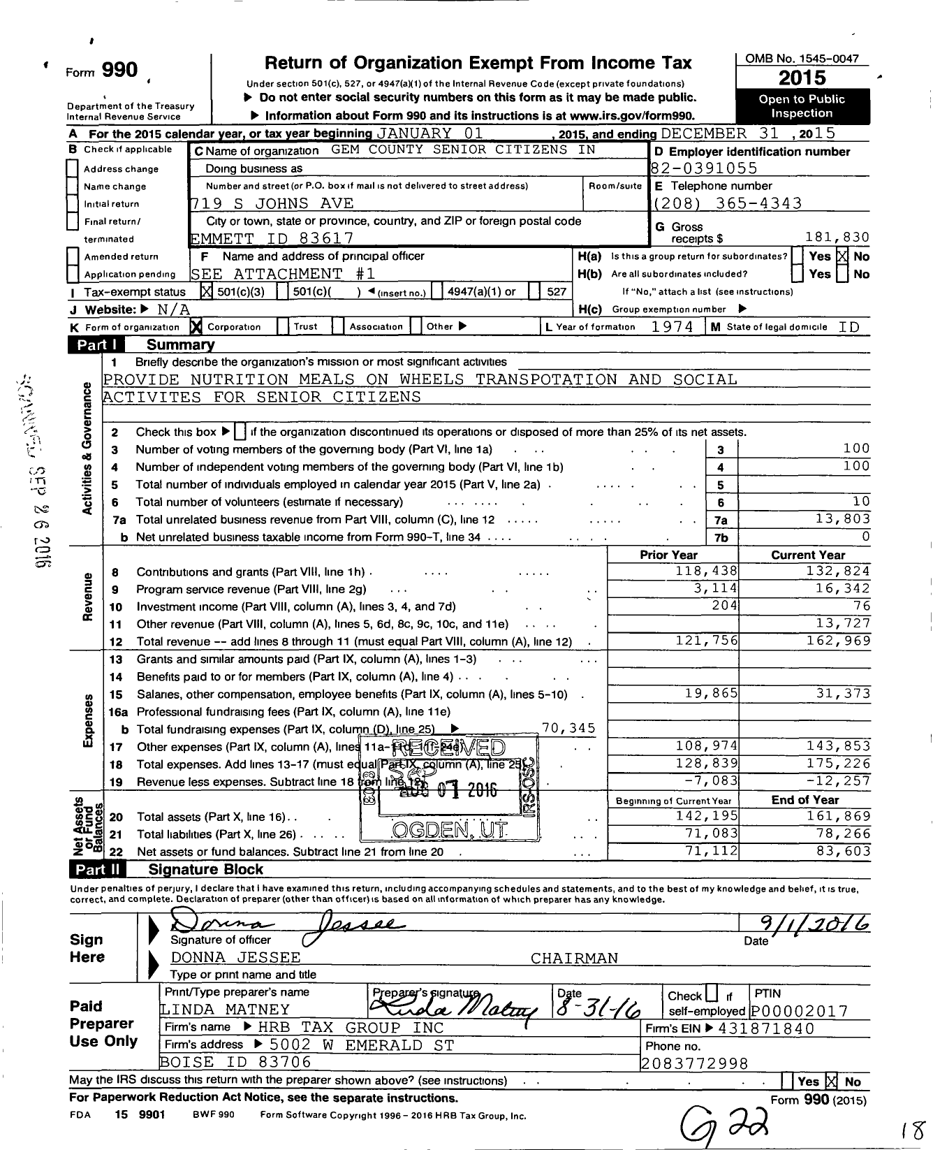 Image of first page of 2015 Form 990 for Gem County SeniorCommunity Center