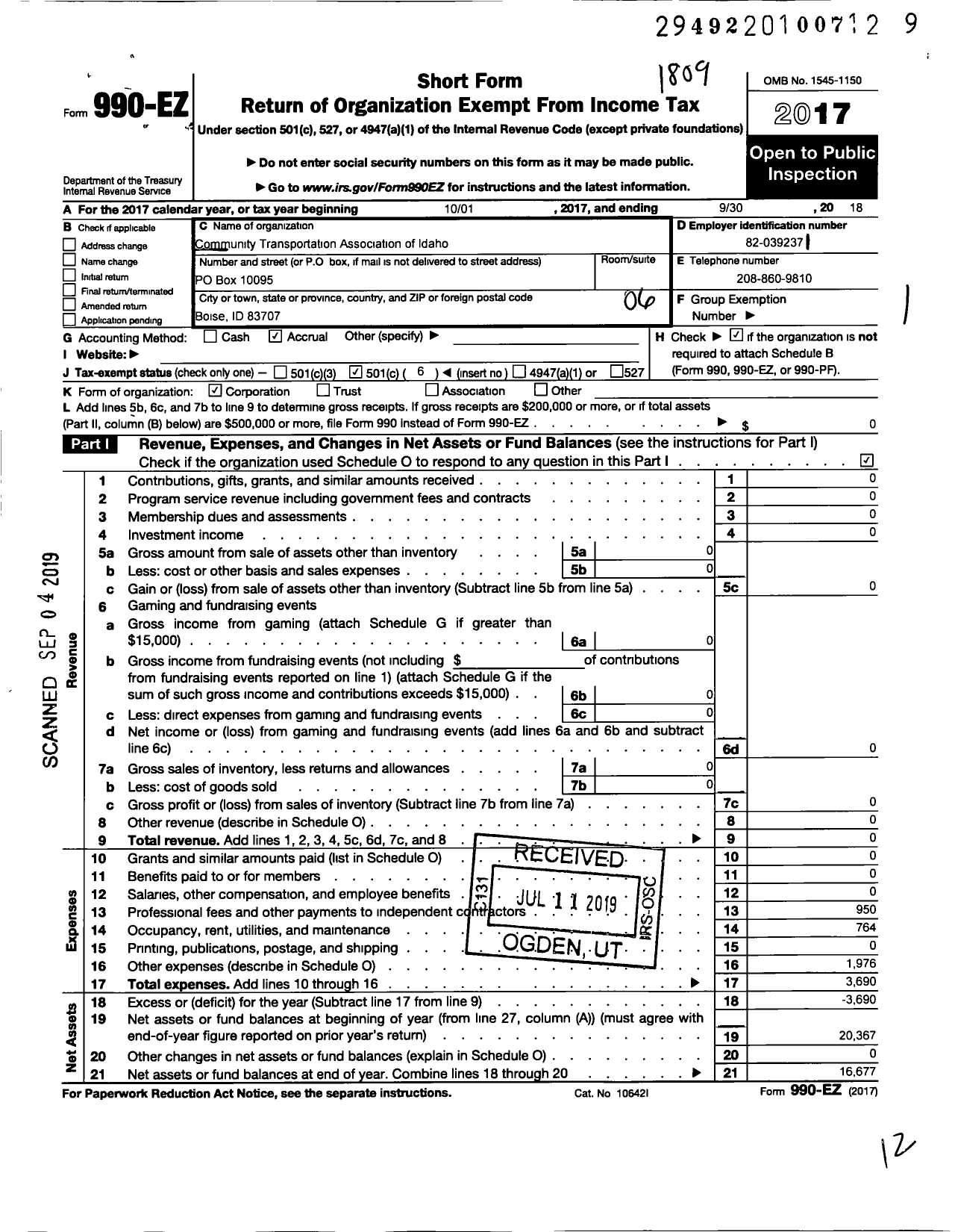 Image of first page of 2017 Form 990EO for Community Transit Association of Idaho (CTAI)