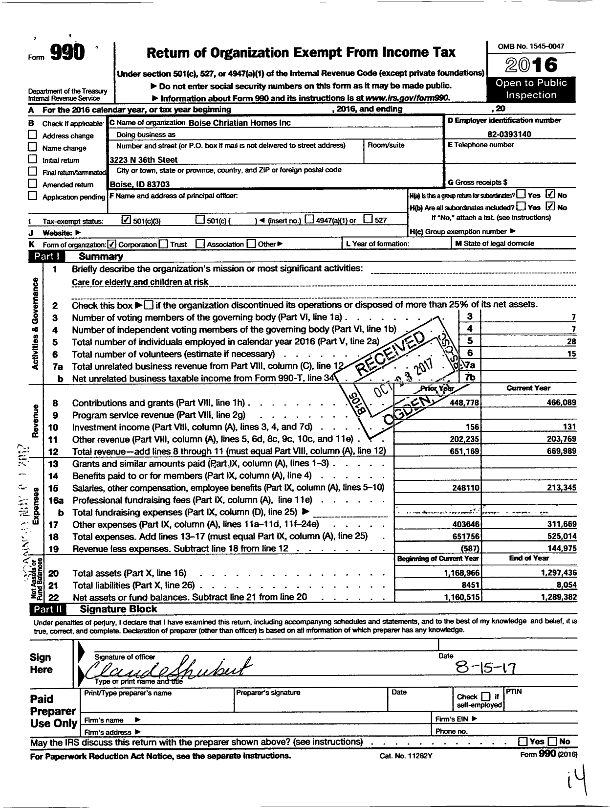 Image of first page of 2016 Form 990 for Boise Christian Homes