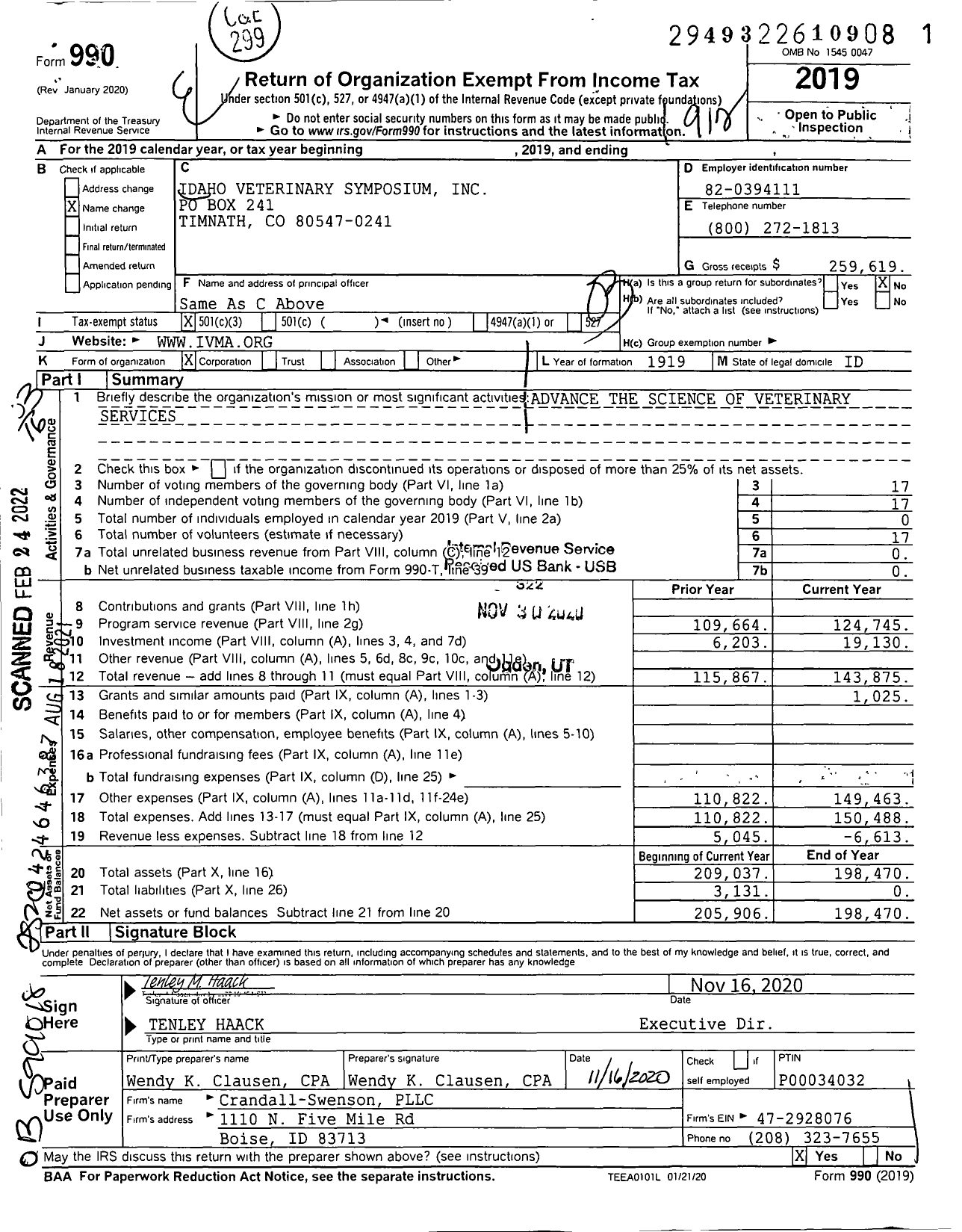 Image of first page of 2019 Form 990 for Idaho Veterinary Medical Foundation