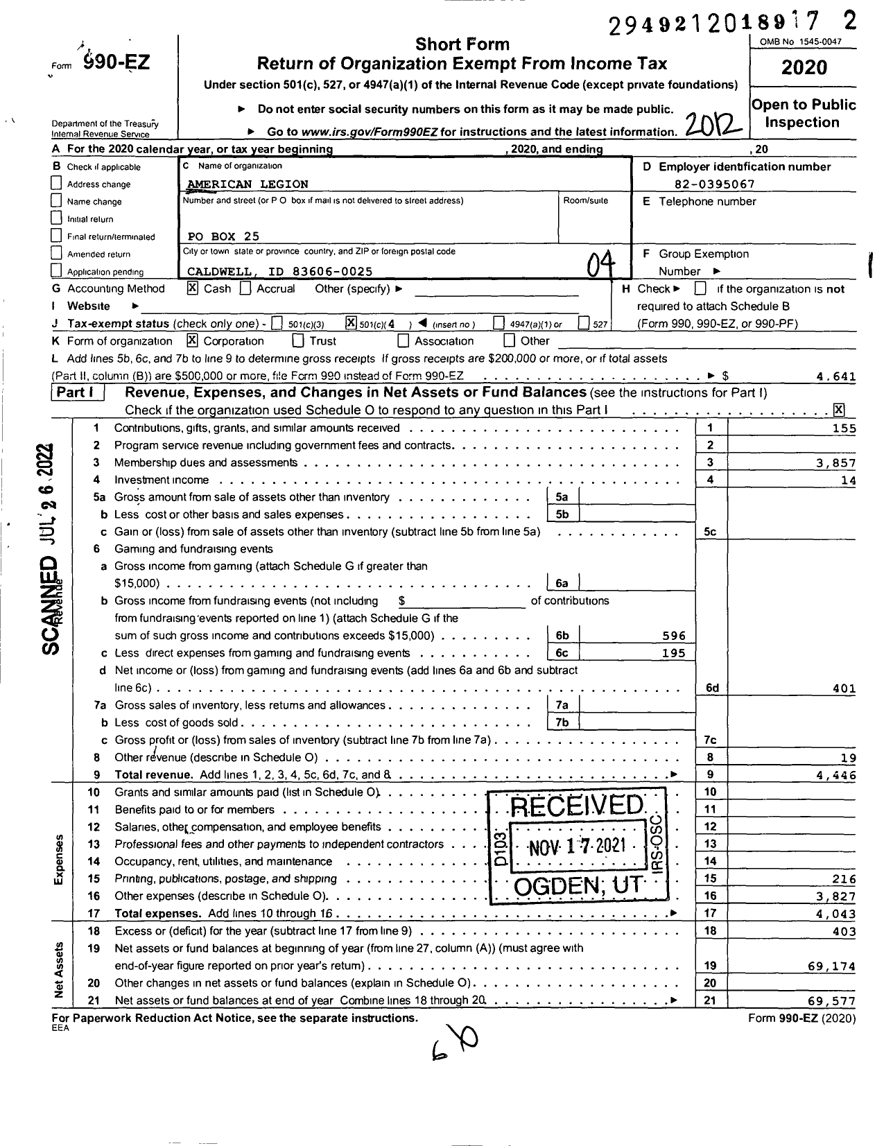 Image of first page of 2020 Form 990EO for American Legion - 0035 Loren M Trotter