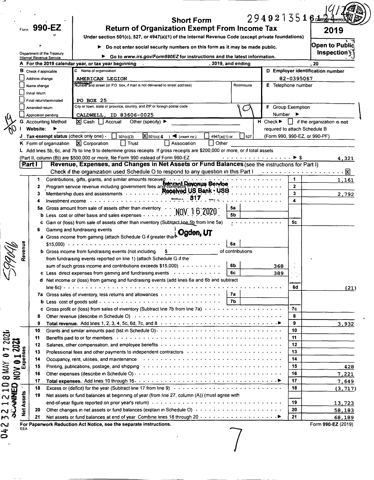 Image of first page of 2019 Form 990EO for American Legion - 0035 Loren M Trotter