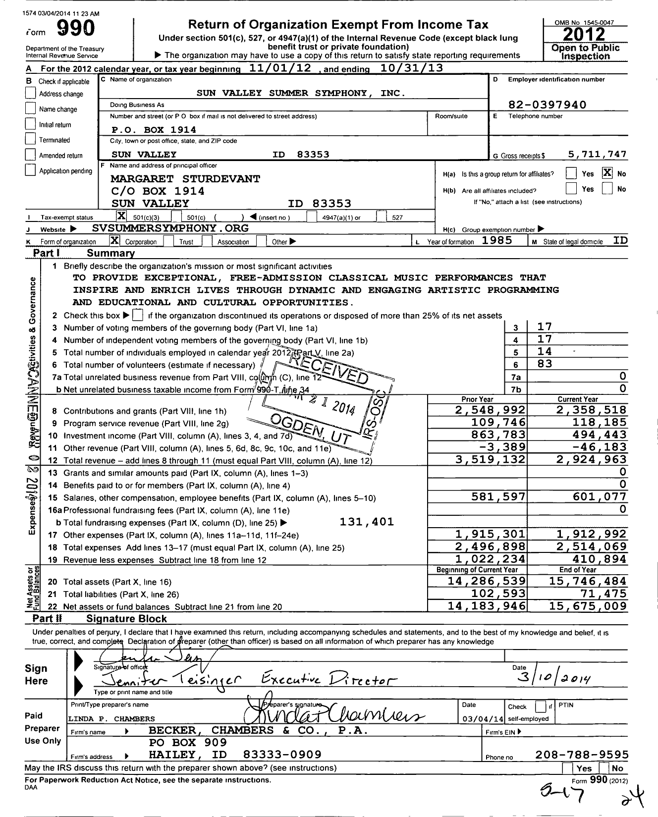 Image of first page of 2012 Form 990 for Sun Valley Music Festival