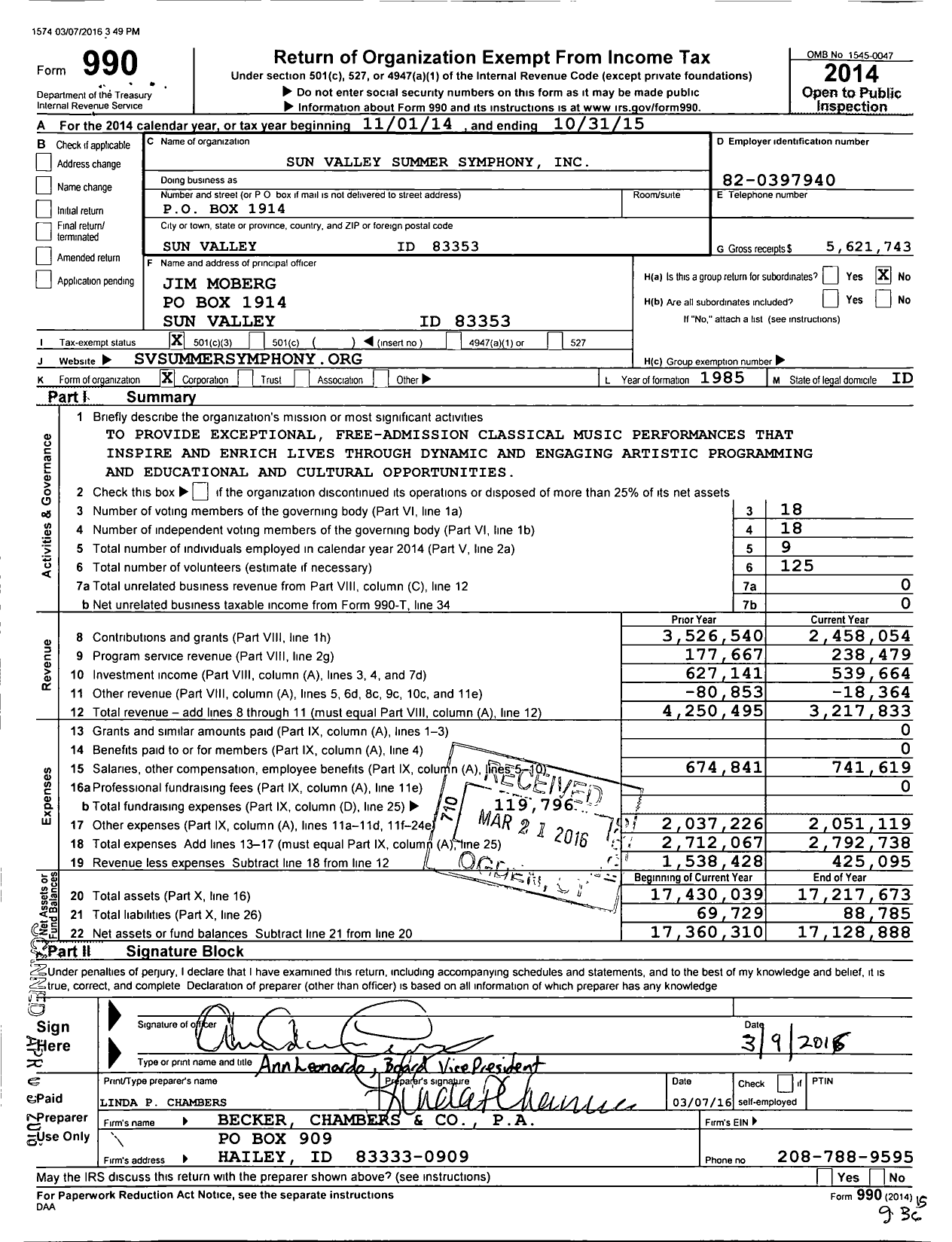 Image of first page of 2014 Form 990 for Sun Valley Music Festival