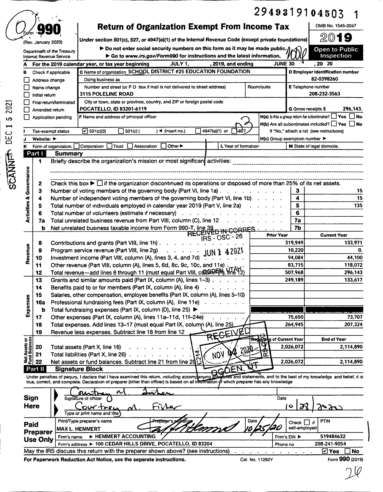 Image of first page of 2019 Form 990 for School District #25 Education Foundation