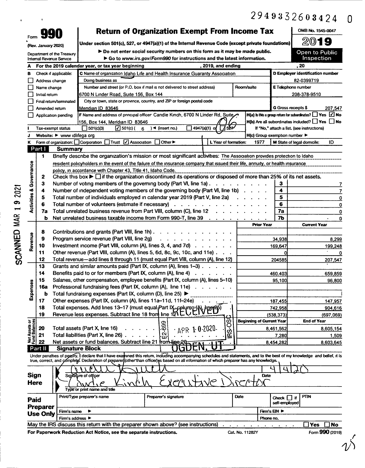 Image of first page of 2019 Form 990O for Idaho Life and Health Insurance Guaranty Association