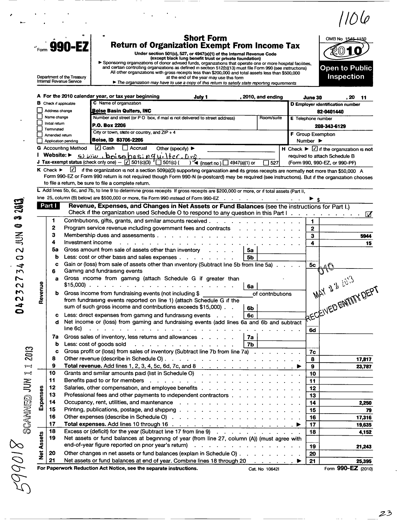 Image of first page of 2010 Form 990EZ for Boise Basin Quilters