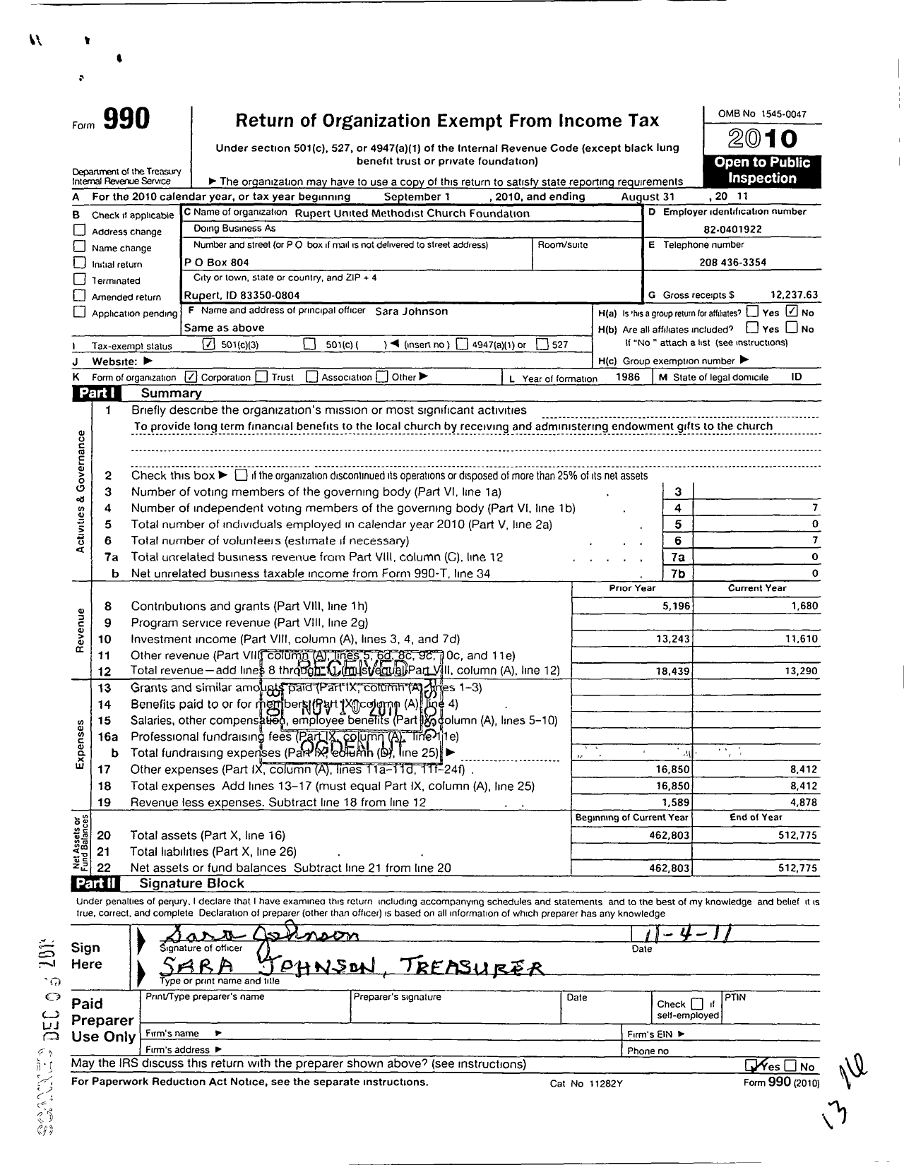 Image of first page of 2010 Form 990 for Rupert United Methodist Church Found