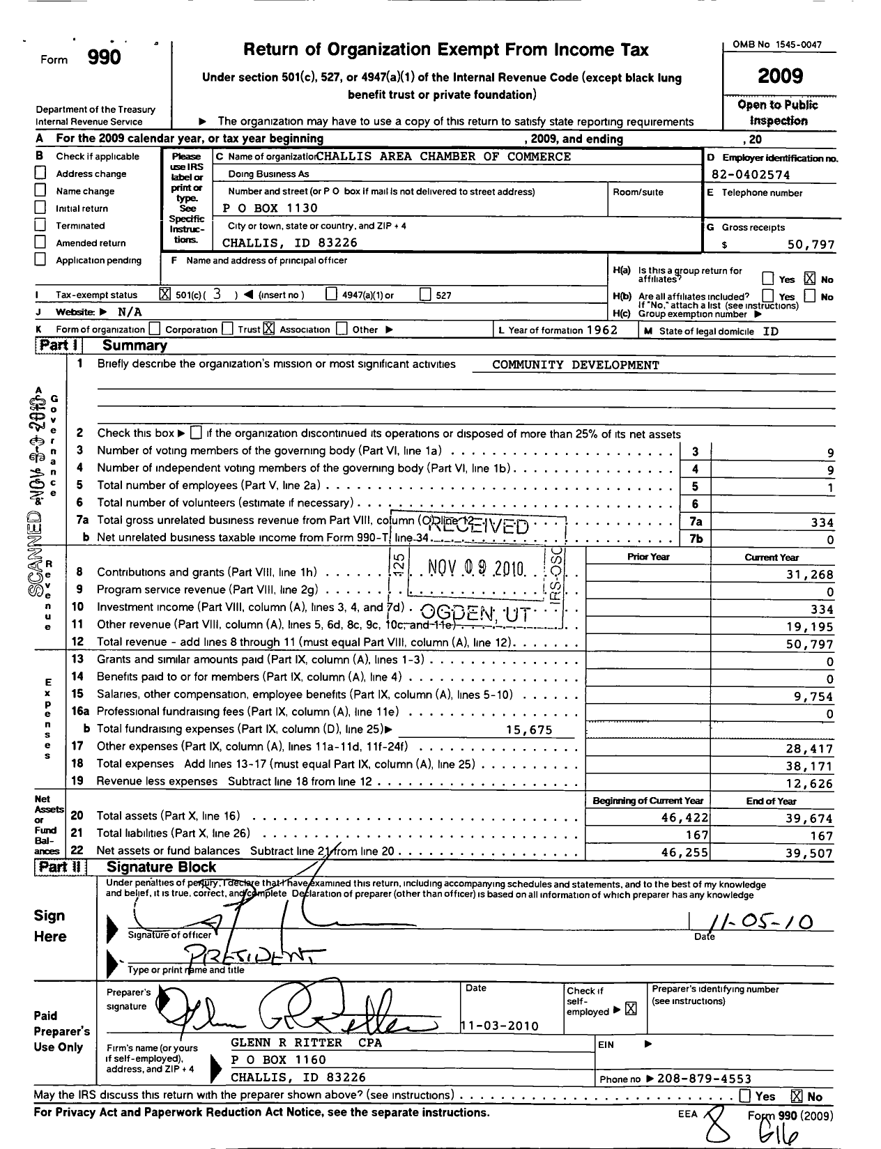 Image of first page of 2009 Form 990 for Challis Area Chamber of Commerce