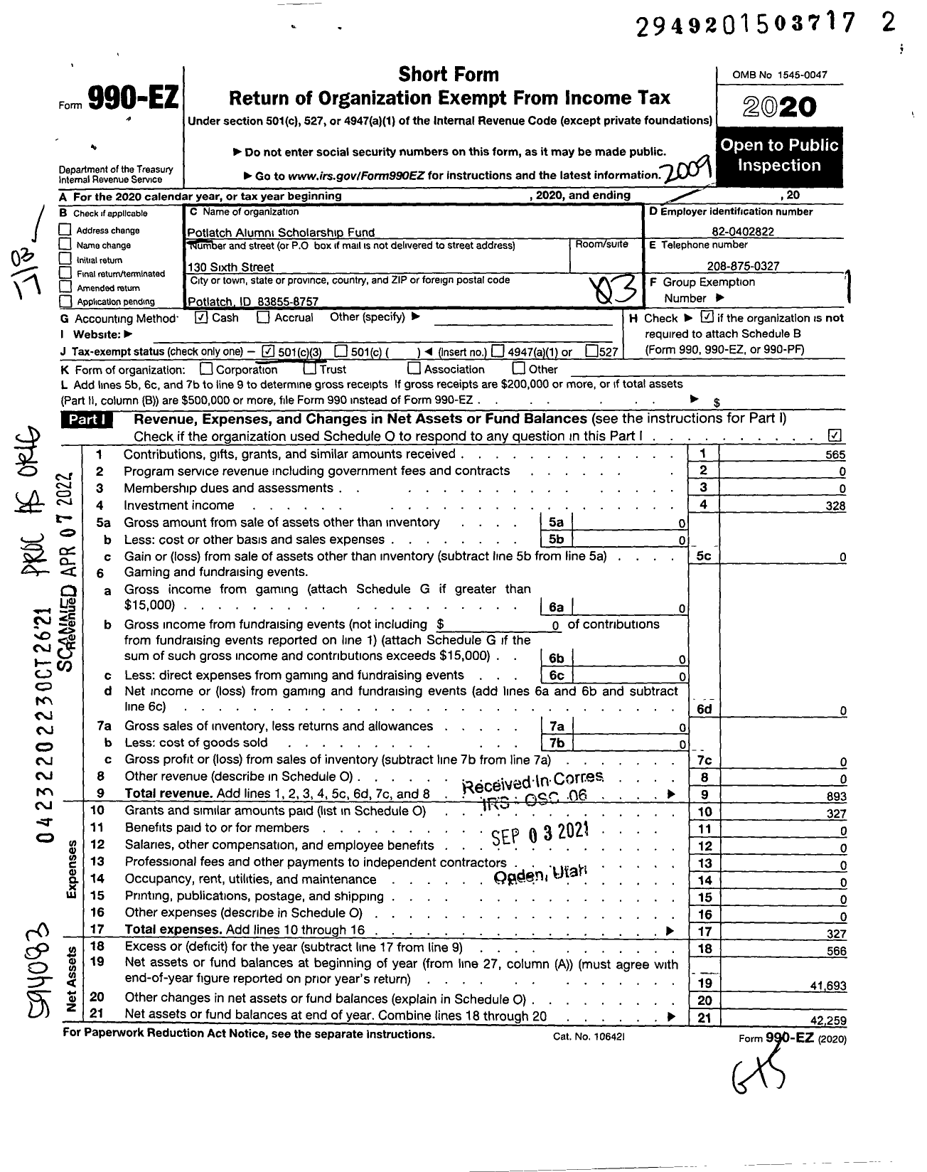 Image of first page of 2019 Form 990EZ for Potlatch Alumni Scholarship Fund