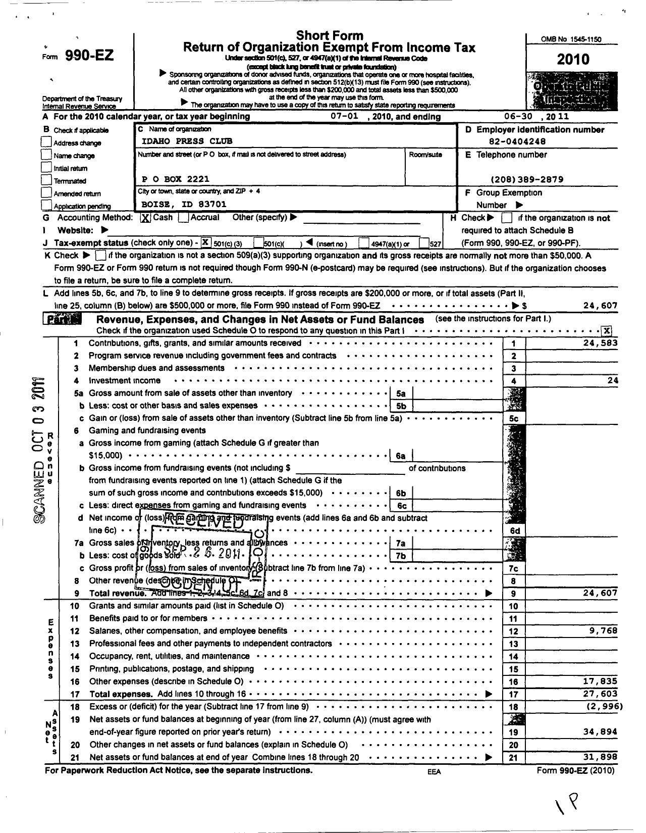 Image of first page of 2010 Form 990EZ for Idaho Press Club