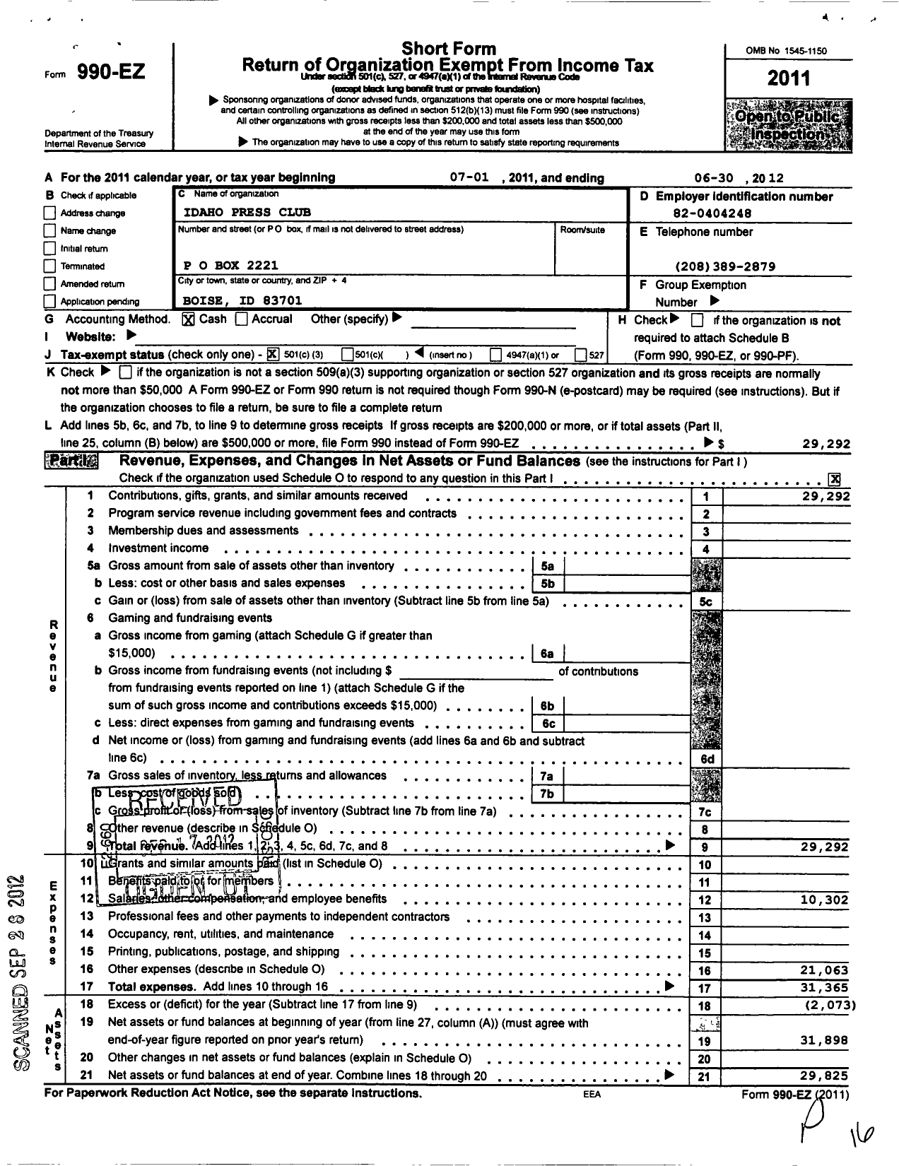 Image of first page of 2011 Form 990EZ for Idaho Press Club