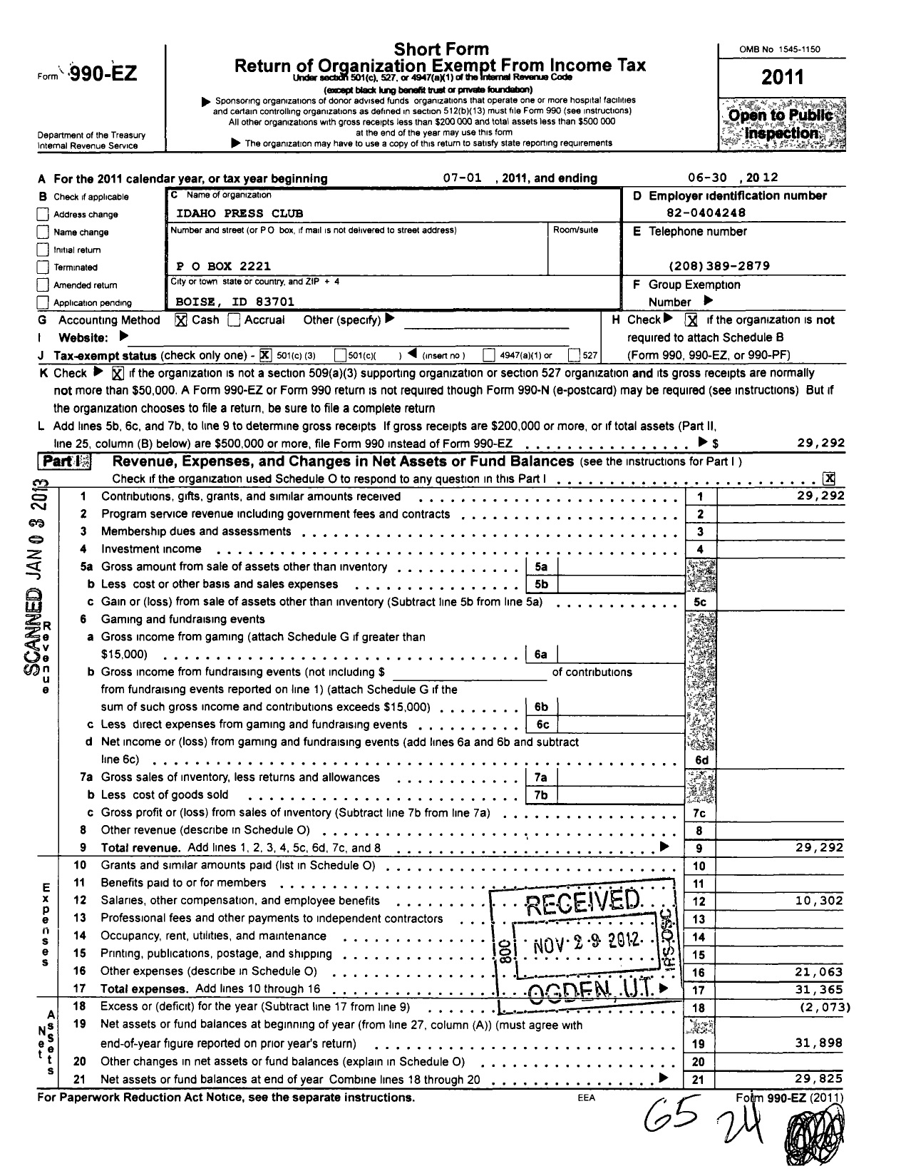 Image of first page of 2011 Form 990EZ for Idaho Press Club