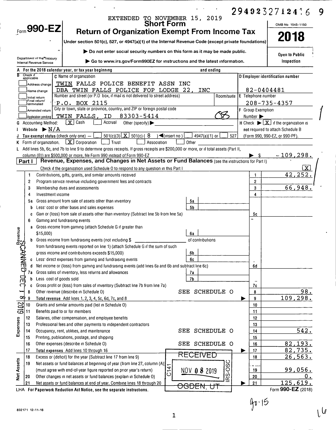 Image of first page of 2018 Form 990EO for Fraternal Order of Police - Twin Falls Police Fop Lod