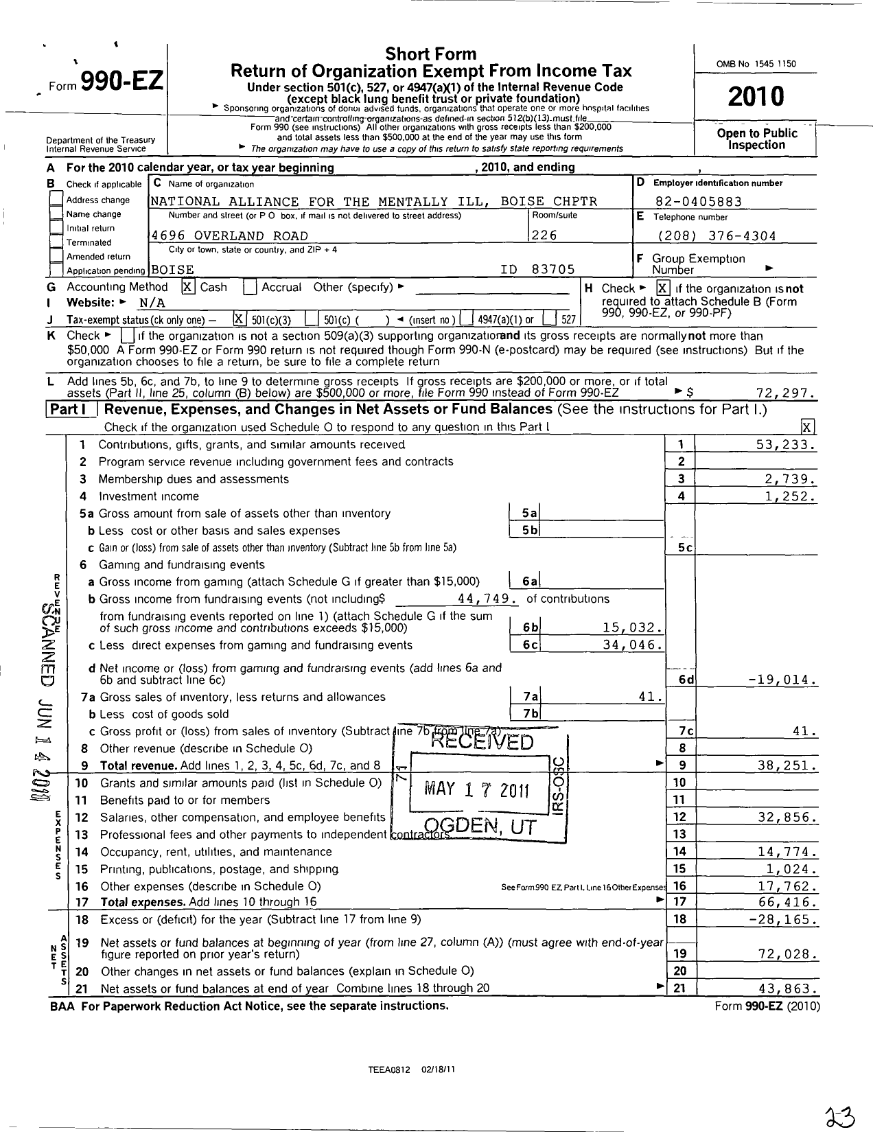 Image of first page of 2010 Form 990EZ for National Alliance on Mental Illness Treasure Valley