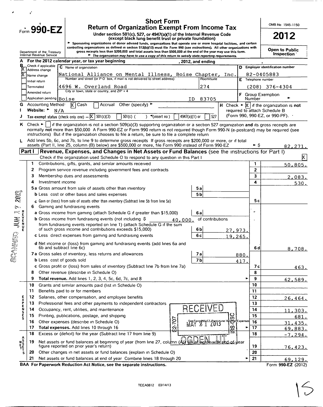 Image of first page of 2012 Form 990EZ for National Alliance on Mental Illness Treasure Valley