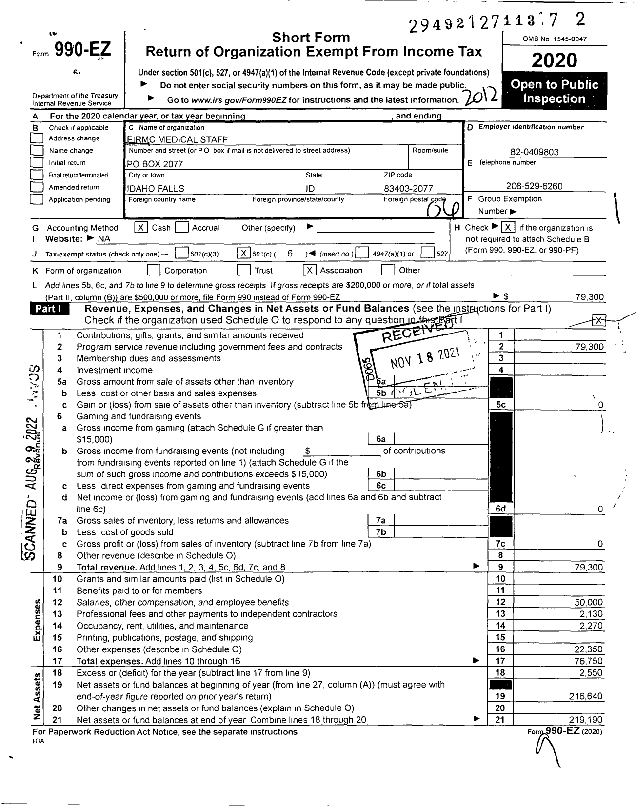 Image of first page of 2020 Form 990EO for Eirmc Medical Staff