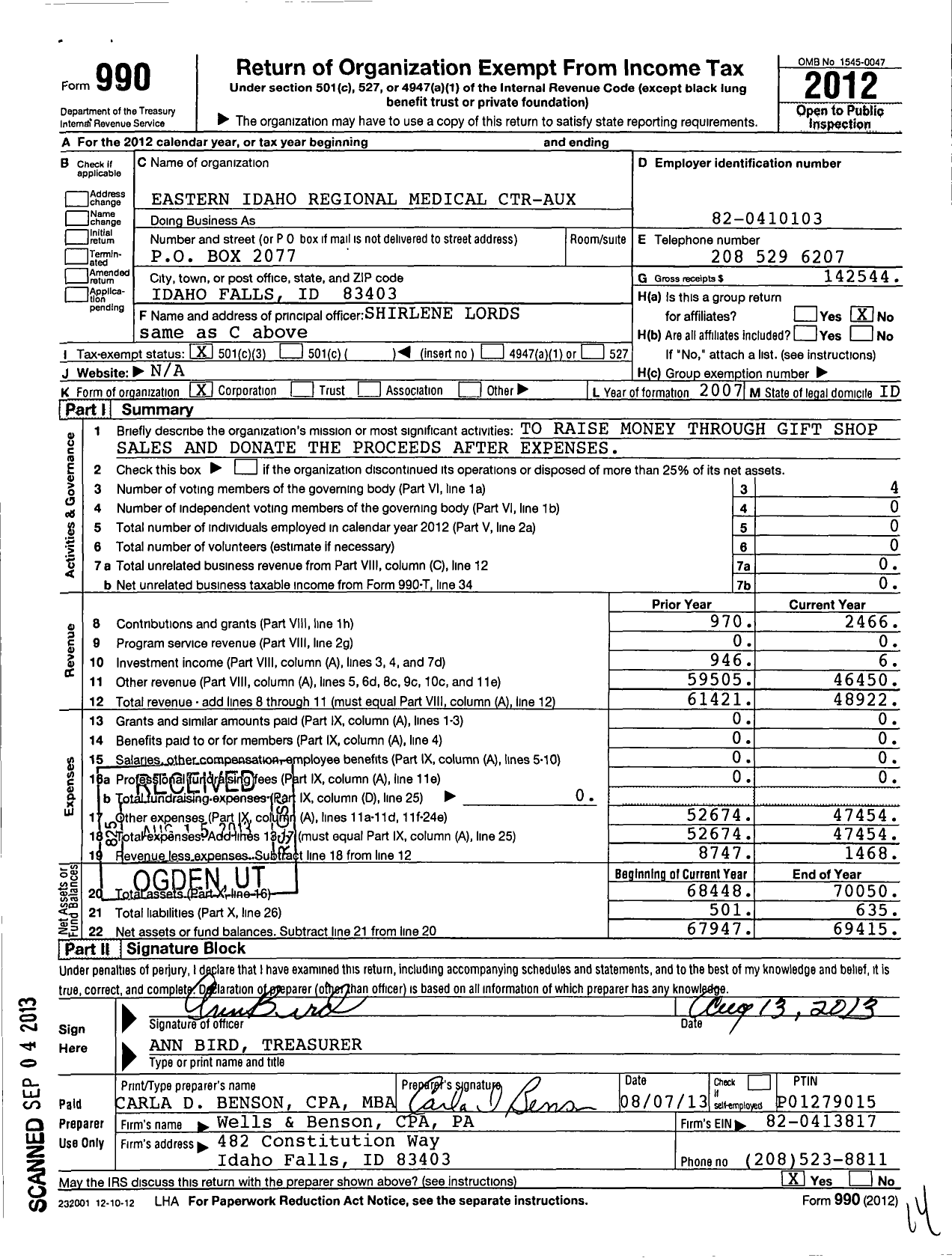Image of first page of 2012 Form 990 for Eastern Idaho Regional Medical Center Auxiliary