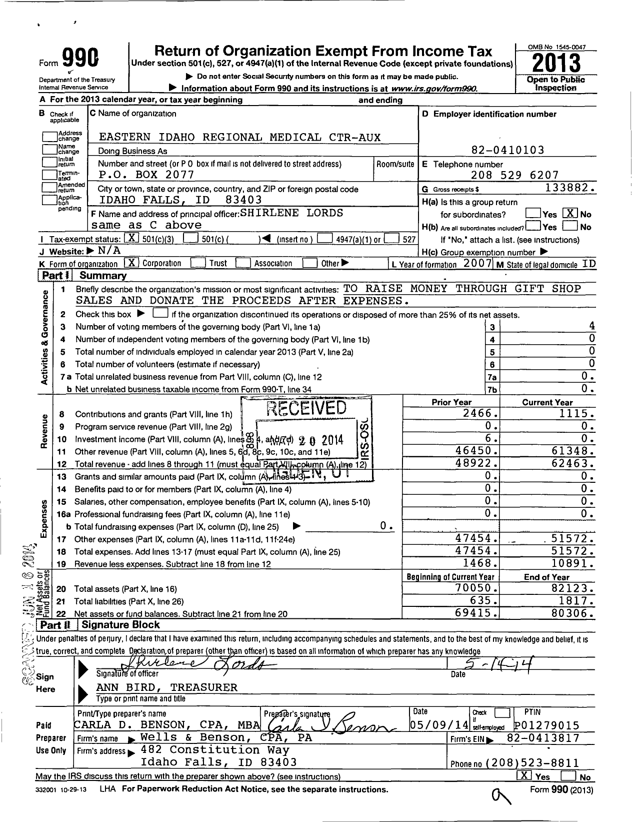Image of first page of 2013 Form 990 for Eastern Idaho Regional Medical Center Auxiliary