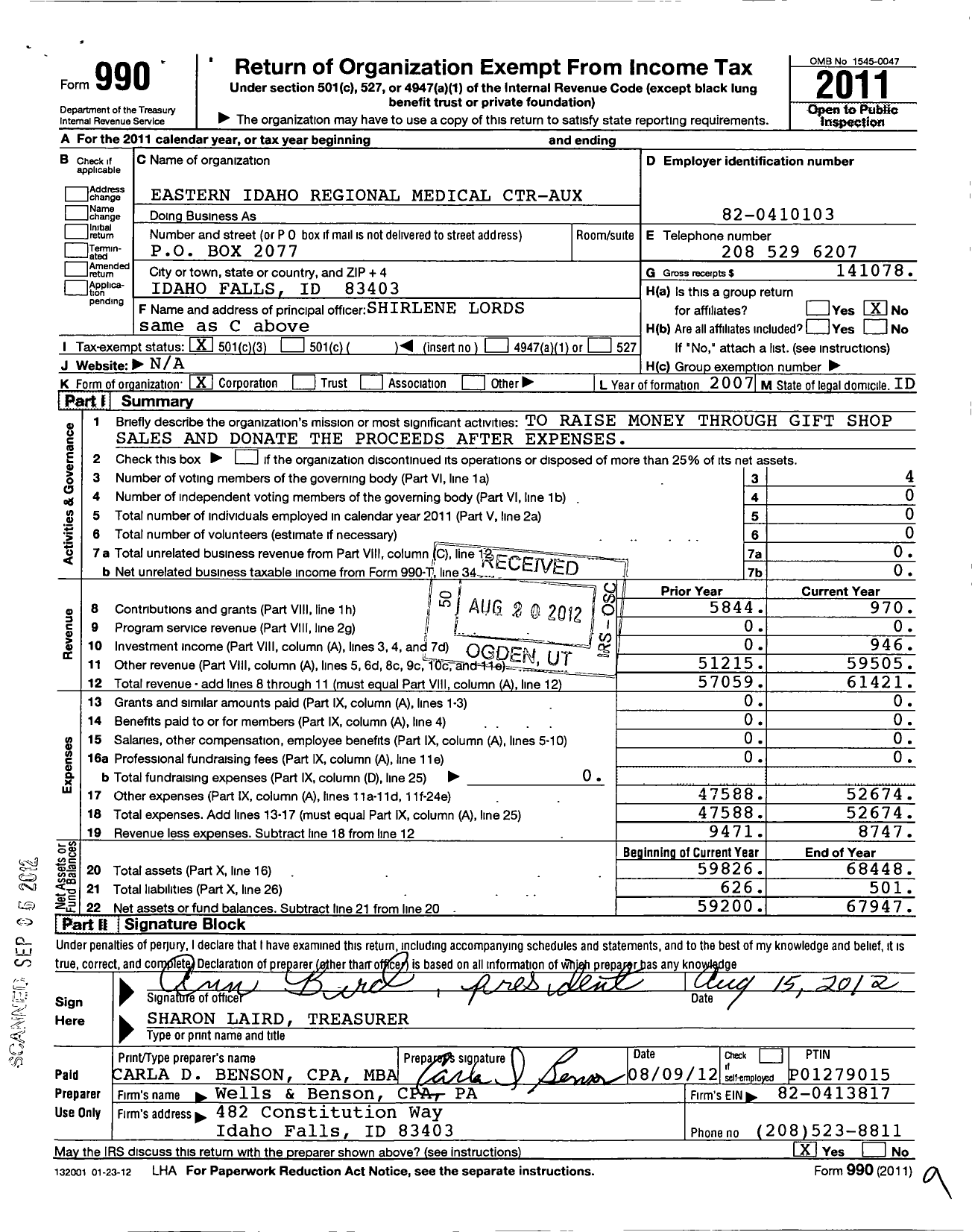Image of first page of 2011 Form 990 for Eastern Idaho Regional Medical Center Auxiliary