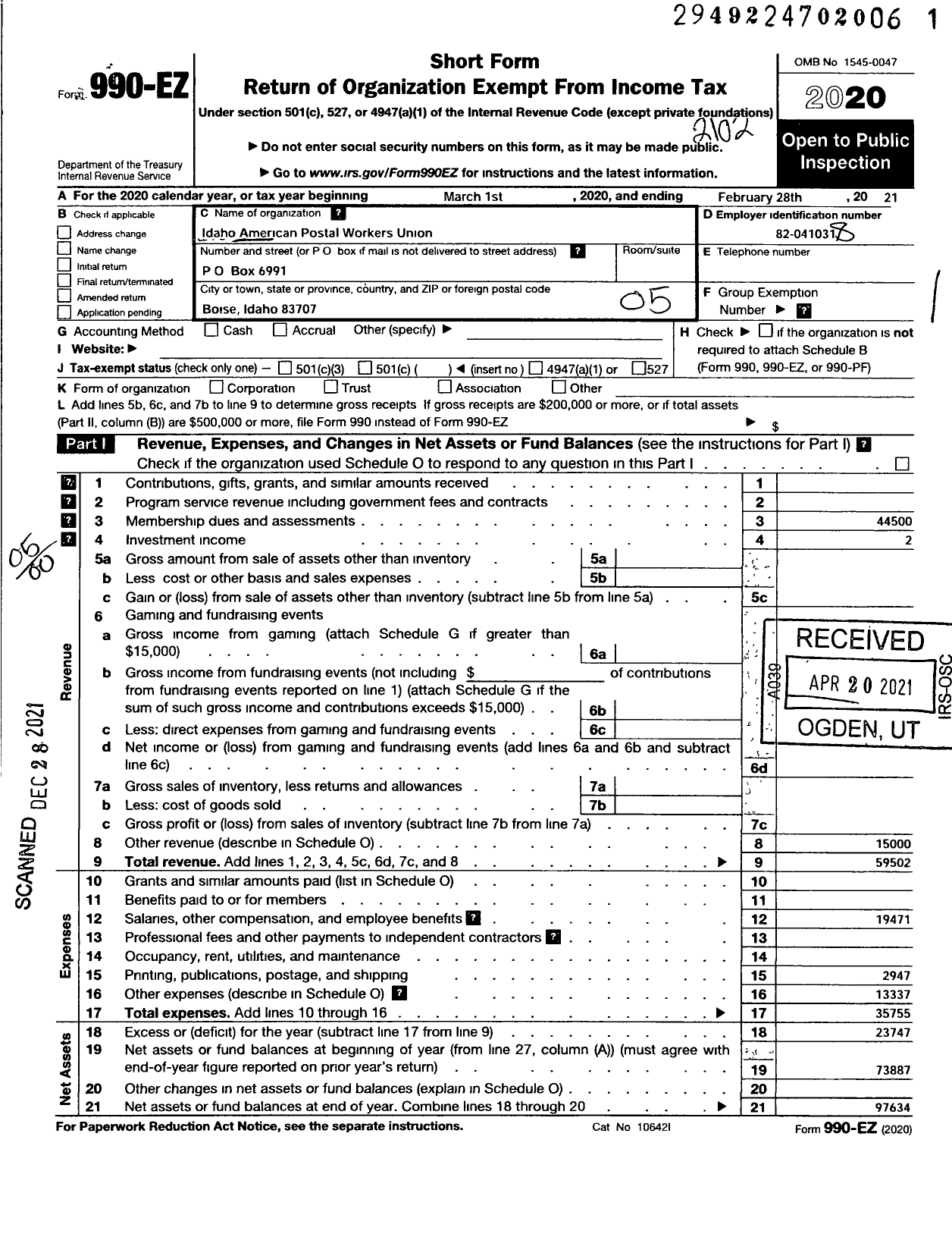 Image of first page of 2020 Form 990EO for American Postal Workers Union - Idaho American Postal Workers Union