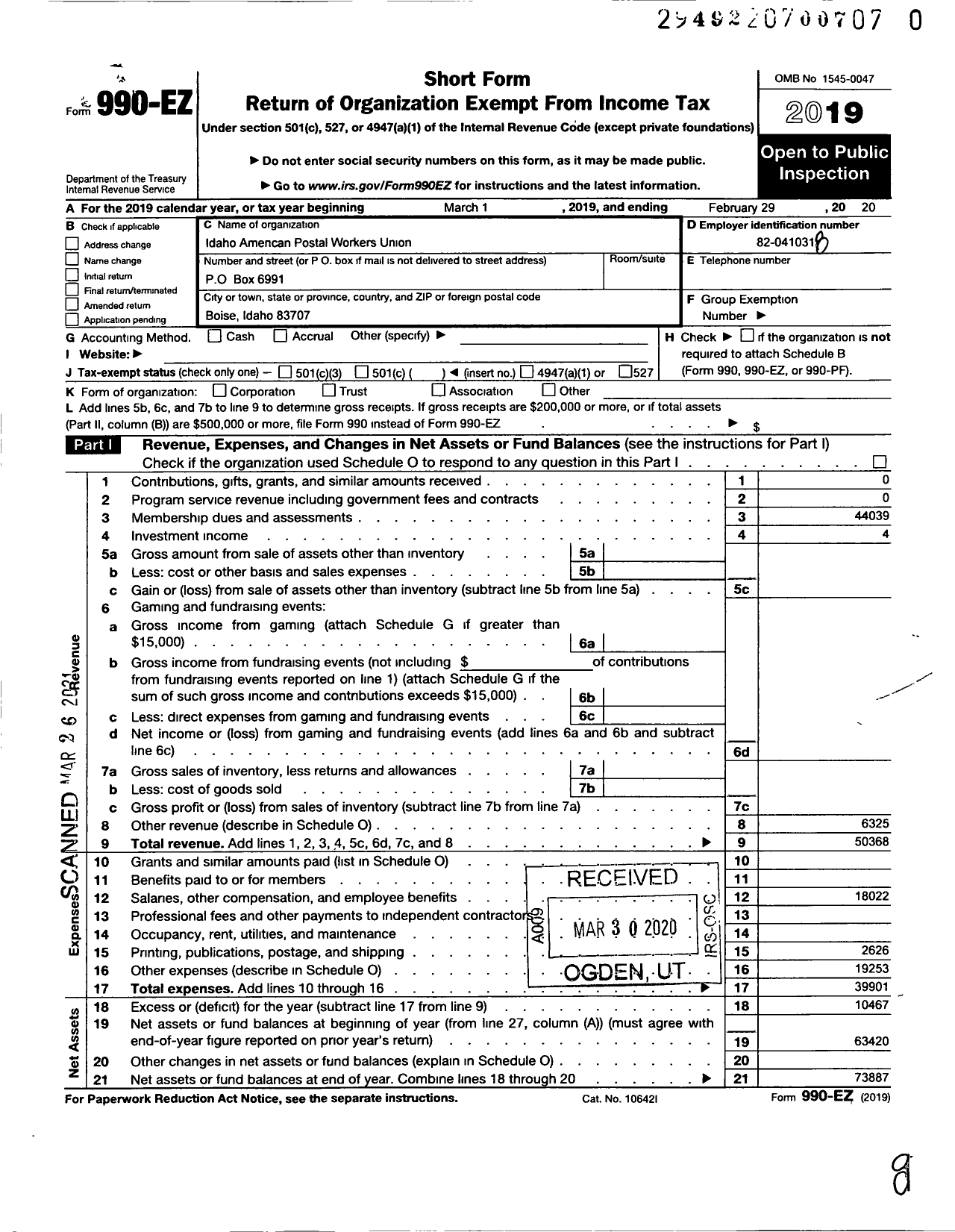 Image of first page of 2019 Form 990EO for American Postal Workers Union - Idaho American Postal Workers Union