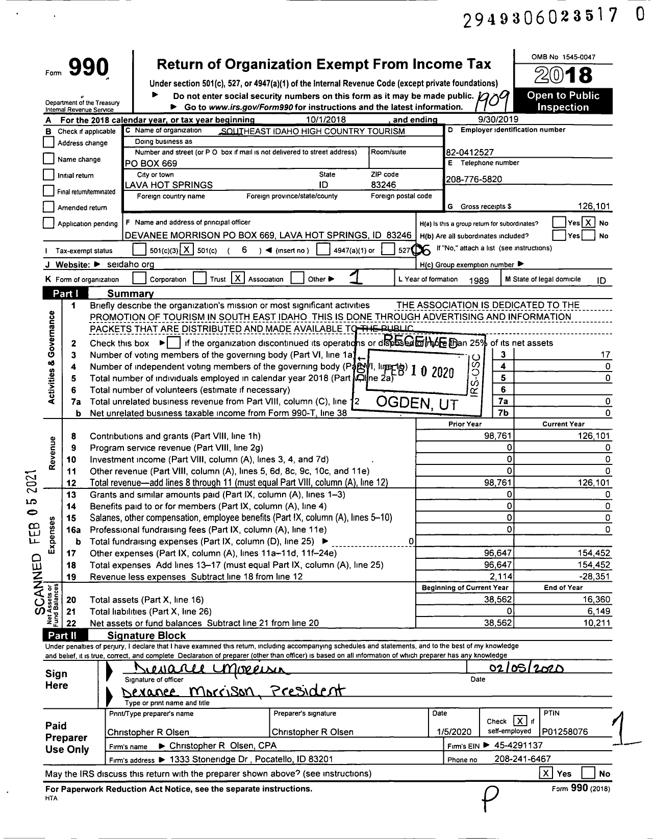 Image of first page of 2018 Form 990O for Southeast Idaho High Country Tourism