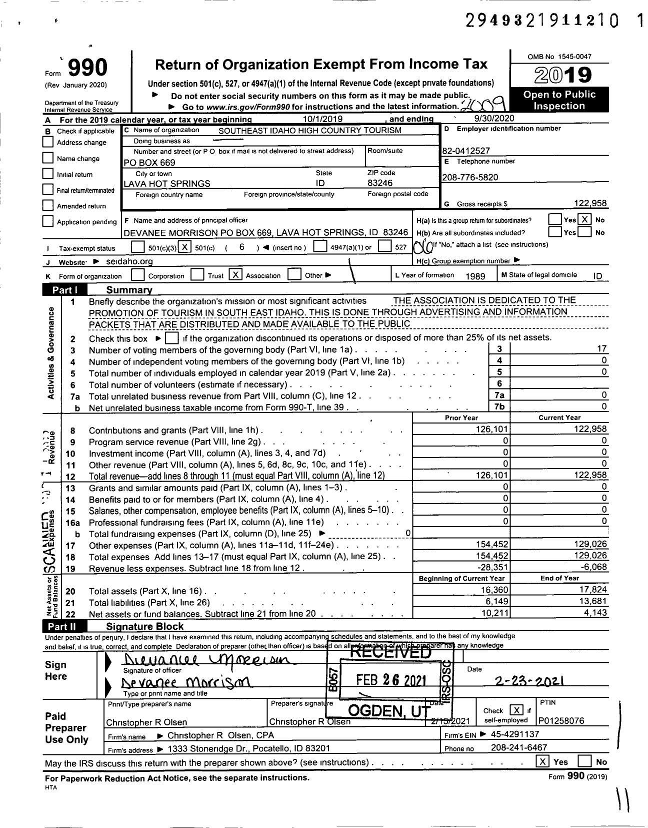 Image of first page of 2019 Form 990O for Southeast Idaho High Country Tourism